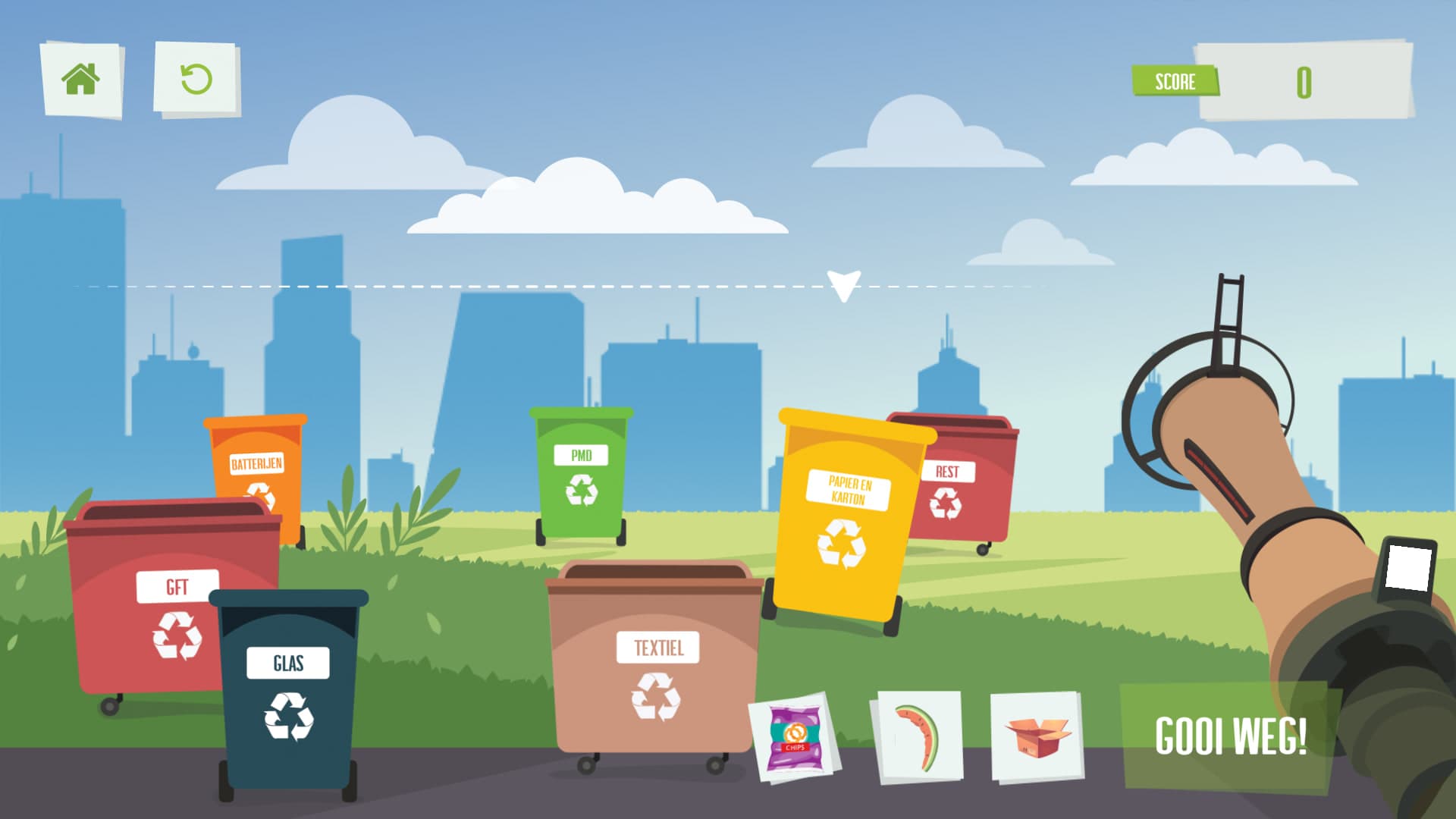 Gameplay. The player aims the catapult at one of six labeled recycling containers, with trash items queued at the bottom.