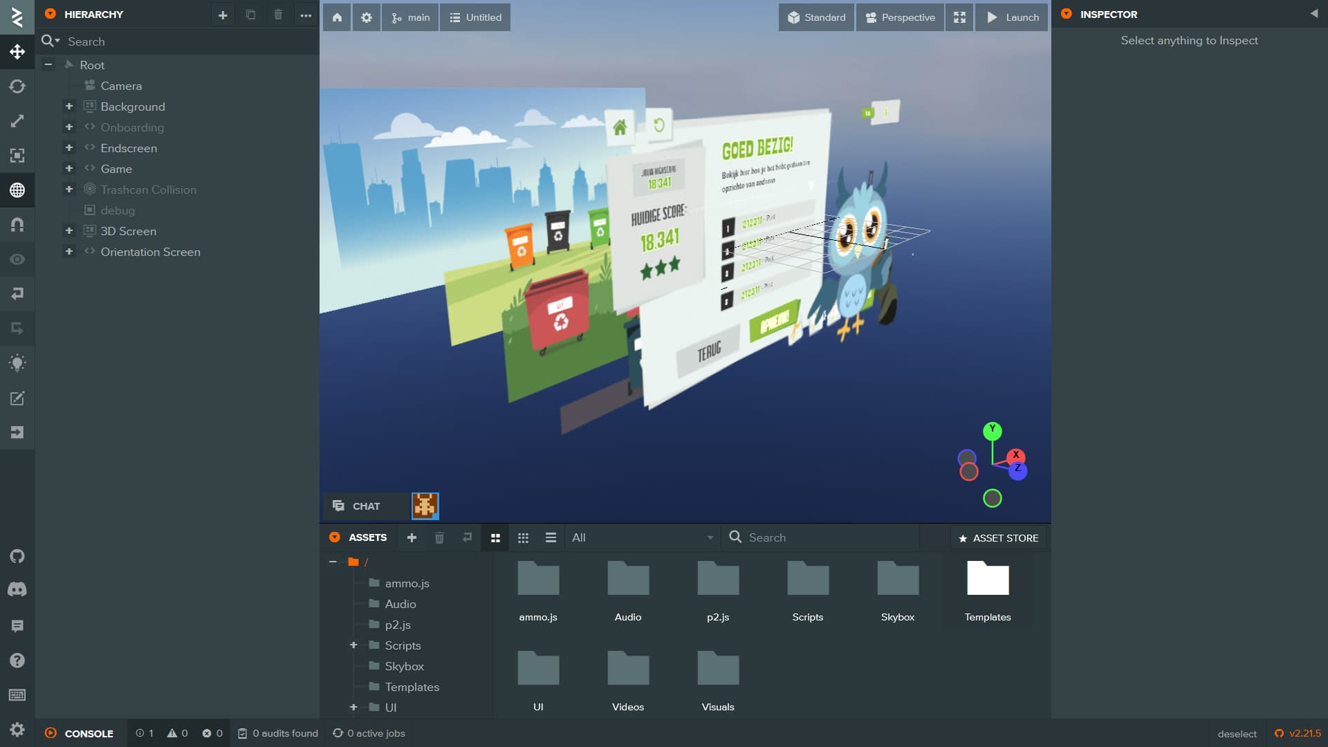 PlayCanvas editor showing the 3D scene layout with the end screen UI elements visible in the viewport.
