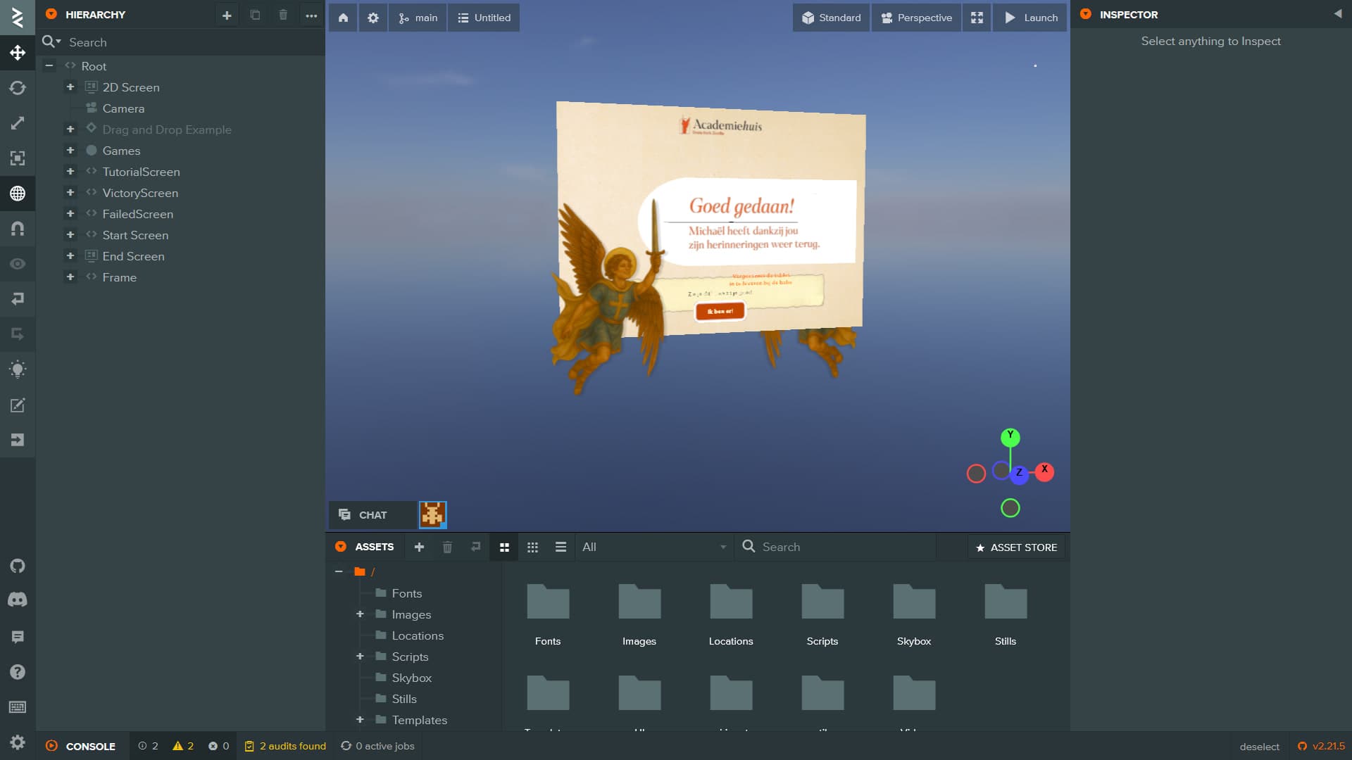 The project open in the PlayCanvas editor, showing the scene hierarchy for one of the minigames.