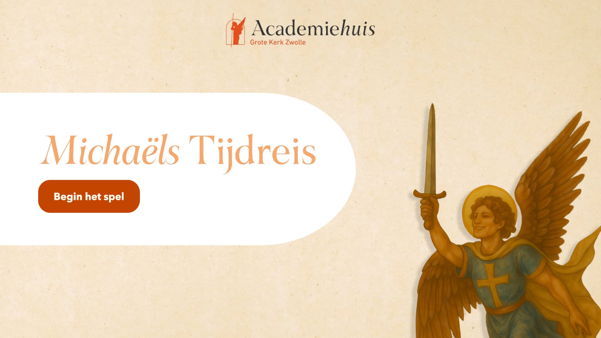 Title screen. Michaels Tijdreis (Michael's Time Journey) with a Start button.