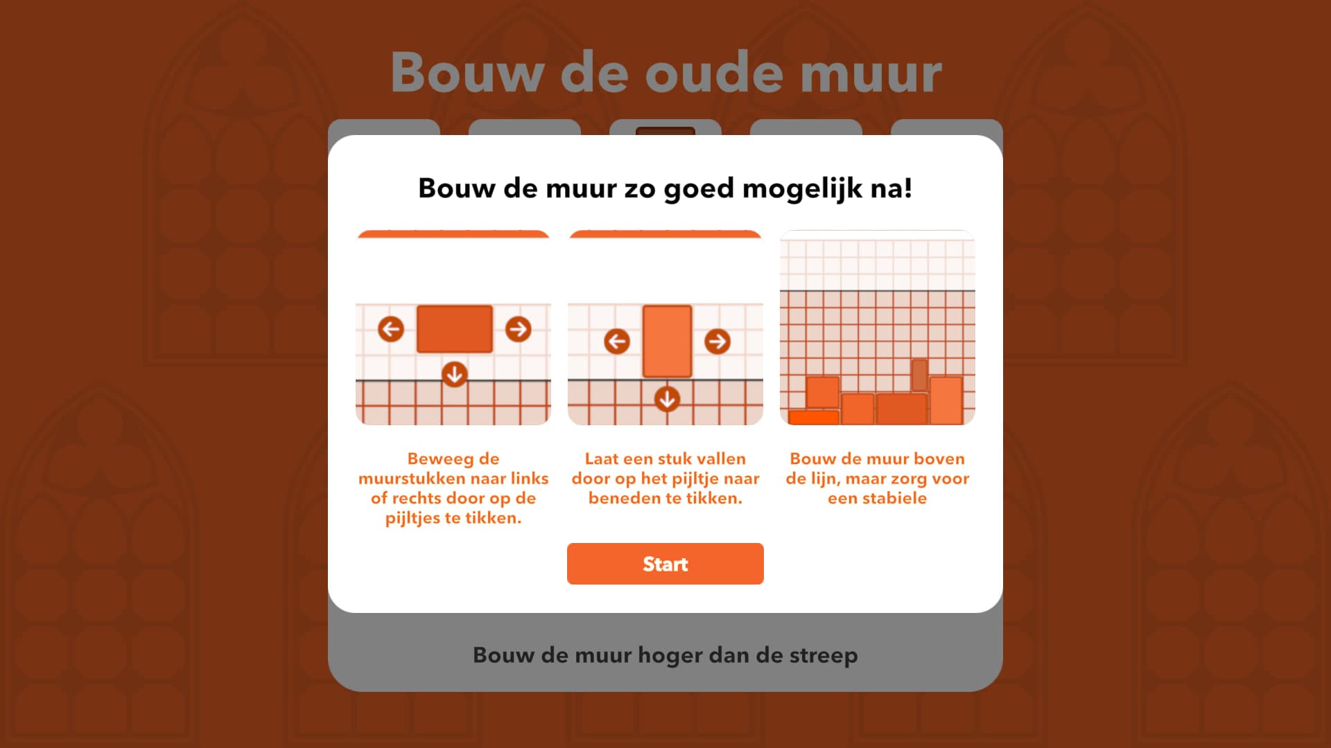 Oudste Muur tutorial screen explaining how to move and drop the wall pieces.