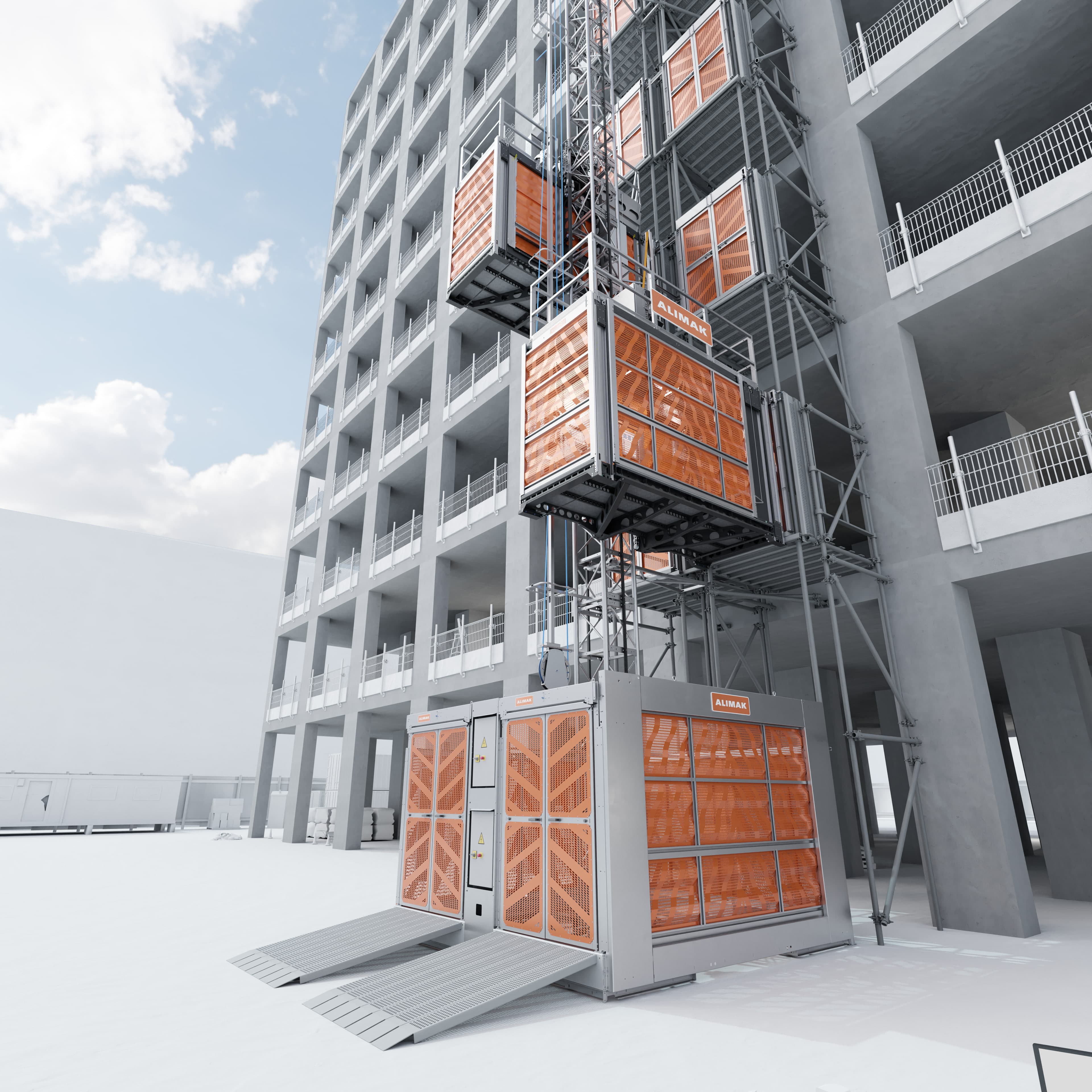 The Scando 650A in context. Full construction site environment with the hoist attached to the building facade.