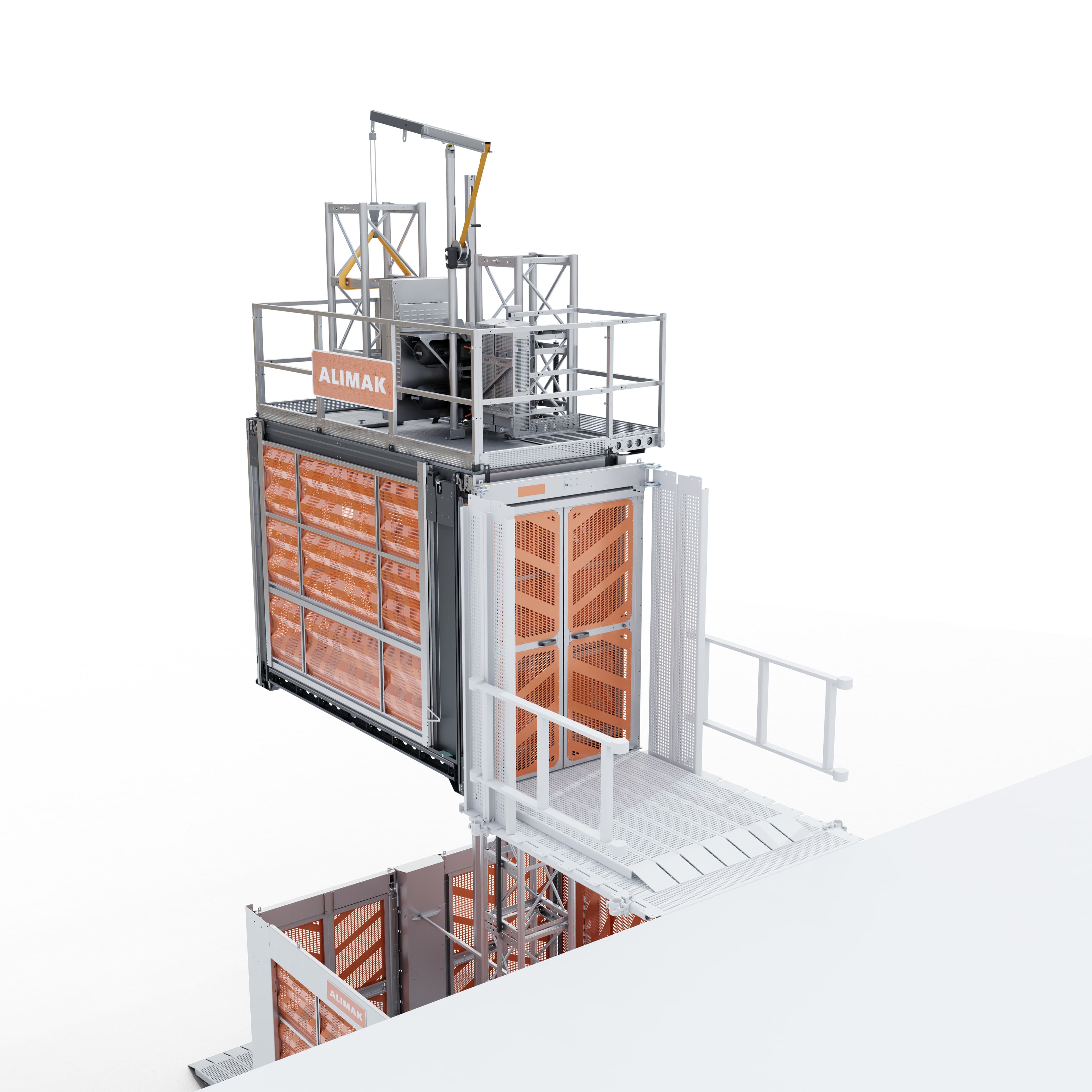 Hoist car with the access ramp door open, showing the interior entry point.