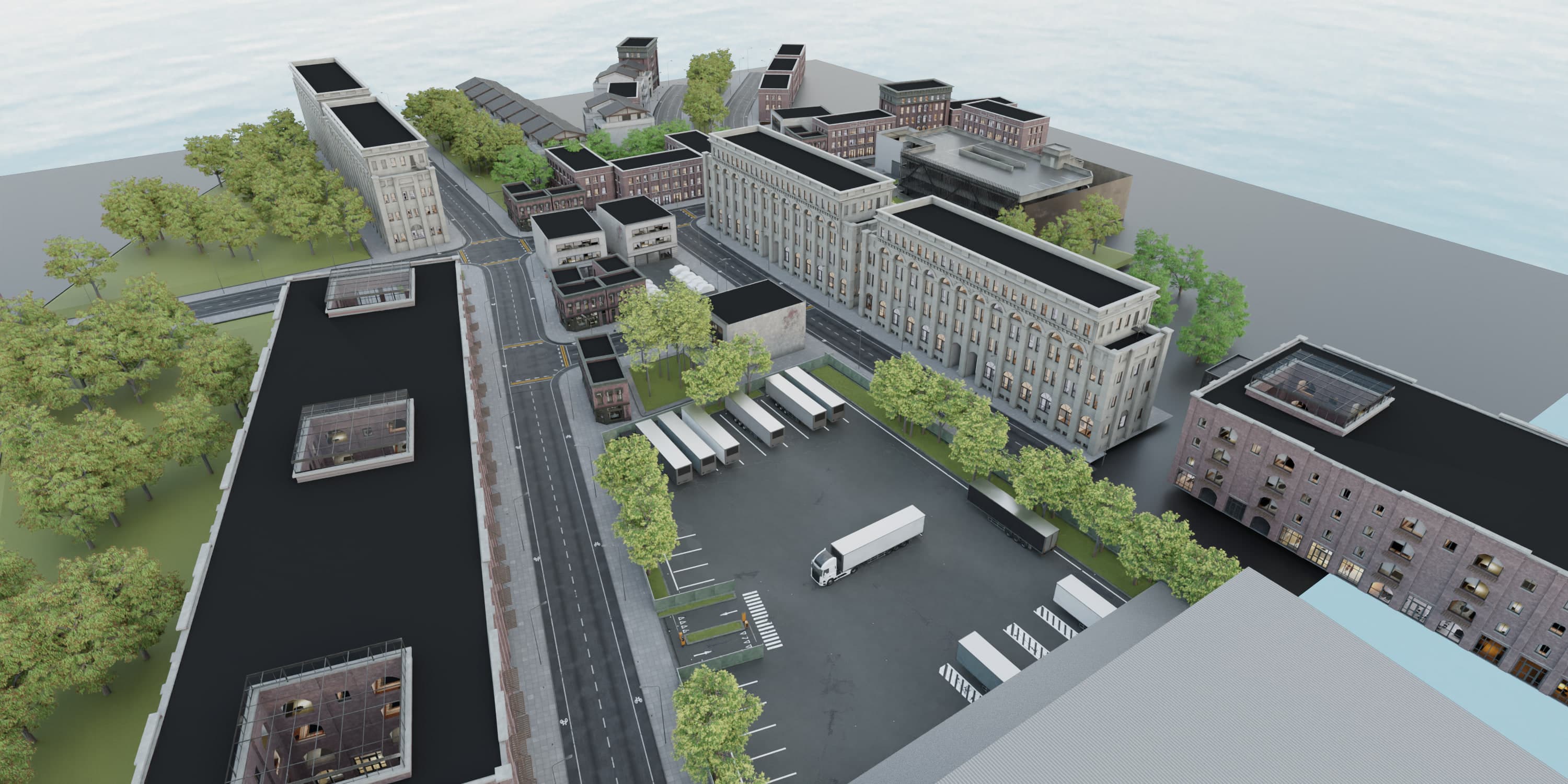 Aerial view of the town layout, showing how the streets and building blocks were arranged to keep every sightline naturally blocked.