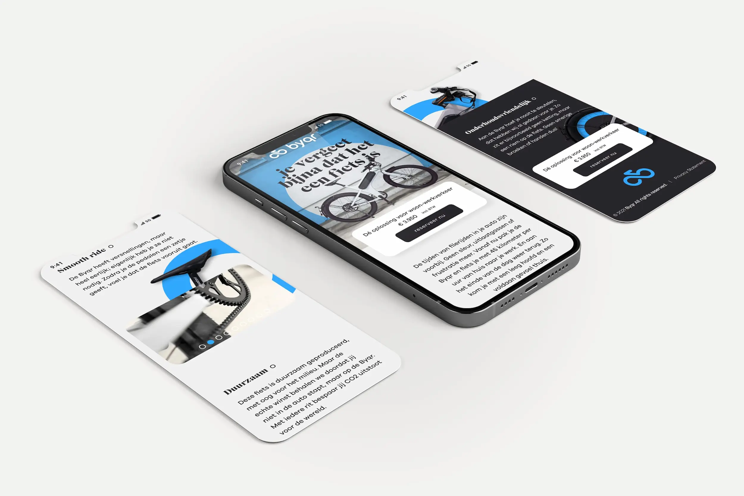 The mobile version I designed from the desktop-only design: the key visual with the reservation bar, and the Smooth ride, Duurzaam and Onderhoudsvriendelijk sections stacked for a phone screen.