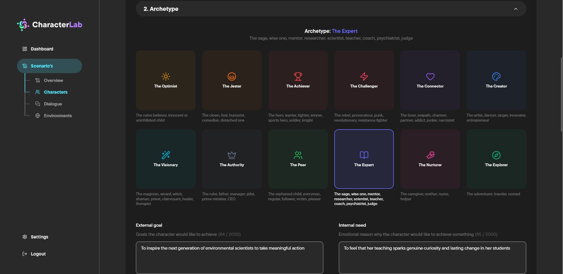 Advanced mode's Archetype tab: twelve narrative archetypes, from The Optimist to The Nurturer, for teams who want a character with a recognizable dramatic shape.
