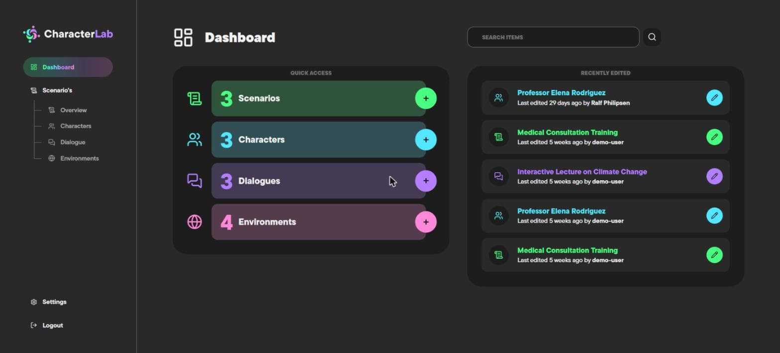 The dashboard: quick access to scenarios, characters, dialogues and environments, plus a recently-edited feed showing who changed what.