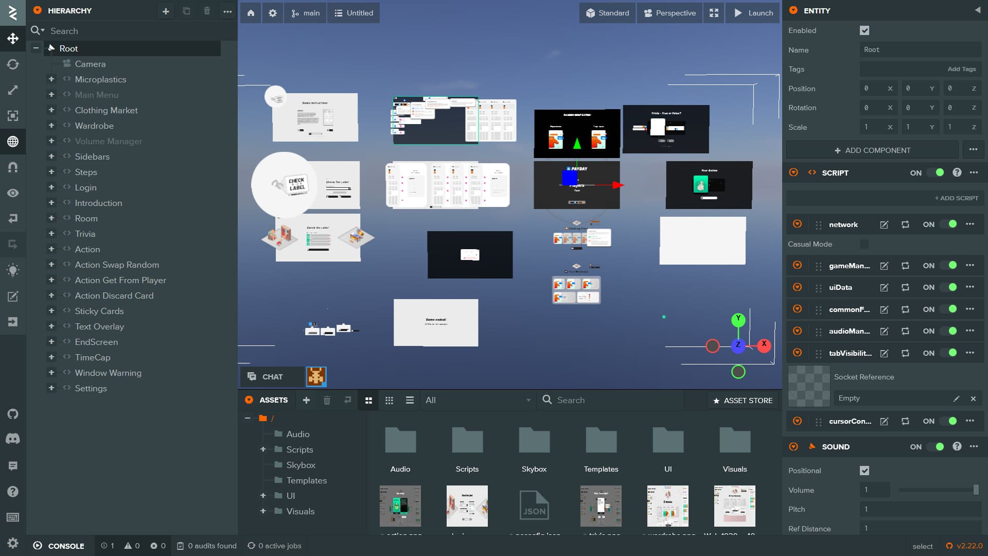 The PlayCanvas editor showing the full scene hierarchy and script components across all game states