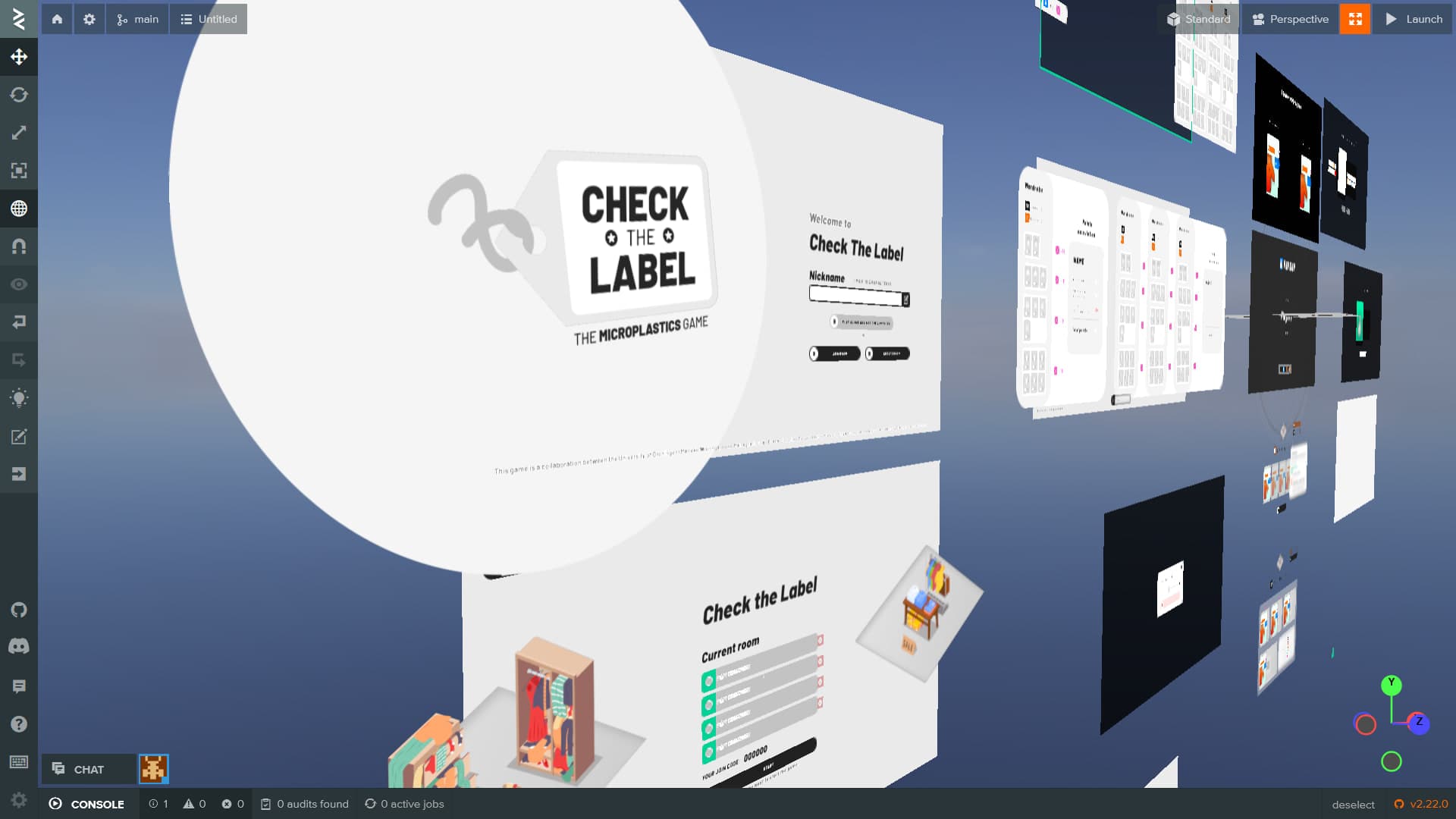 All UI panels laid out in 3D space inside the PlayCanvas editor, each representing a different game screen