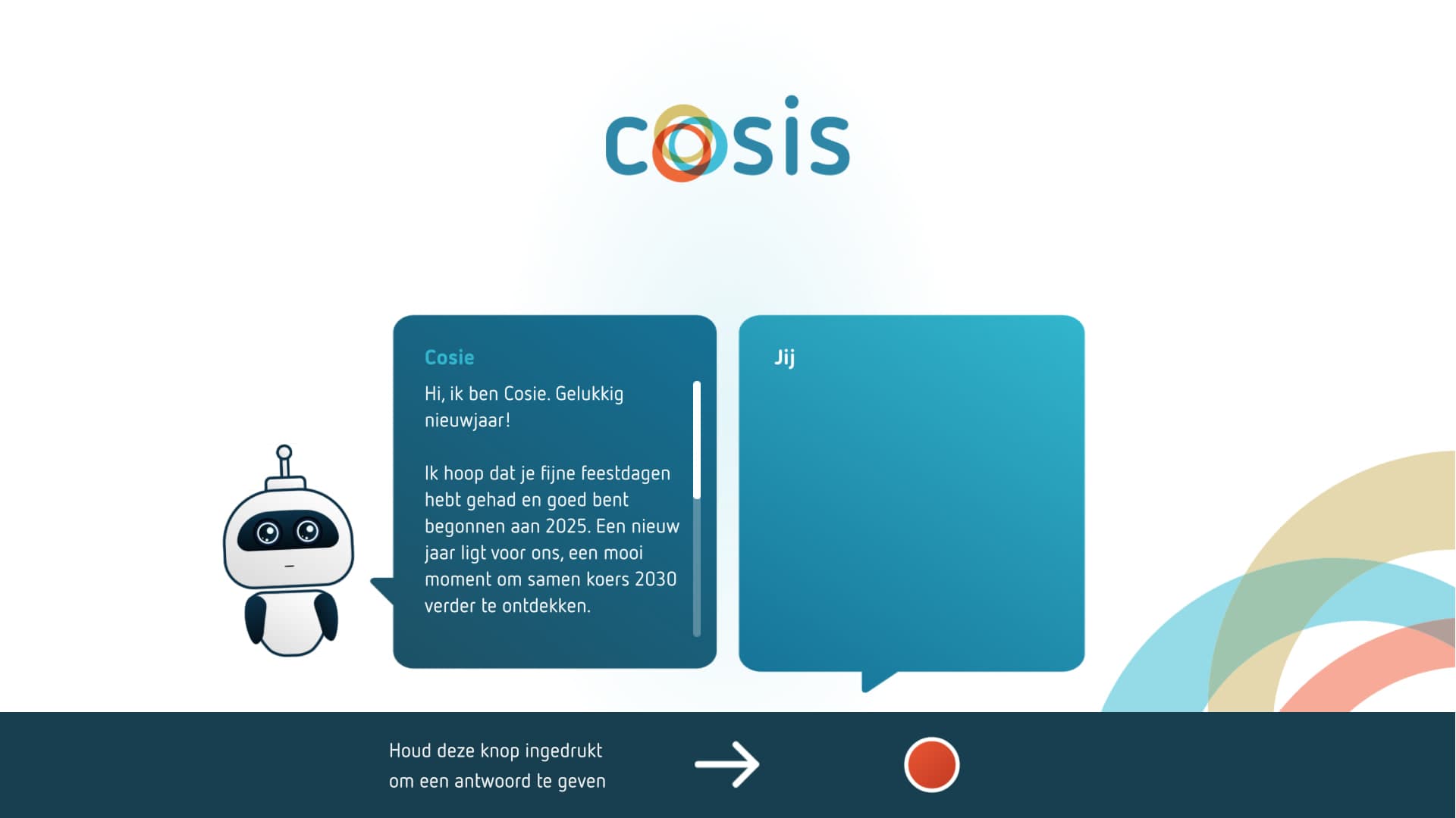The chat screen: Cosie opens with a New Year's greeting leading into a question about koers 2030 (Cosis' 2030 roadmap). The employee holds the red button down to record their answer.