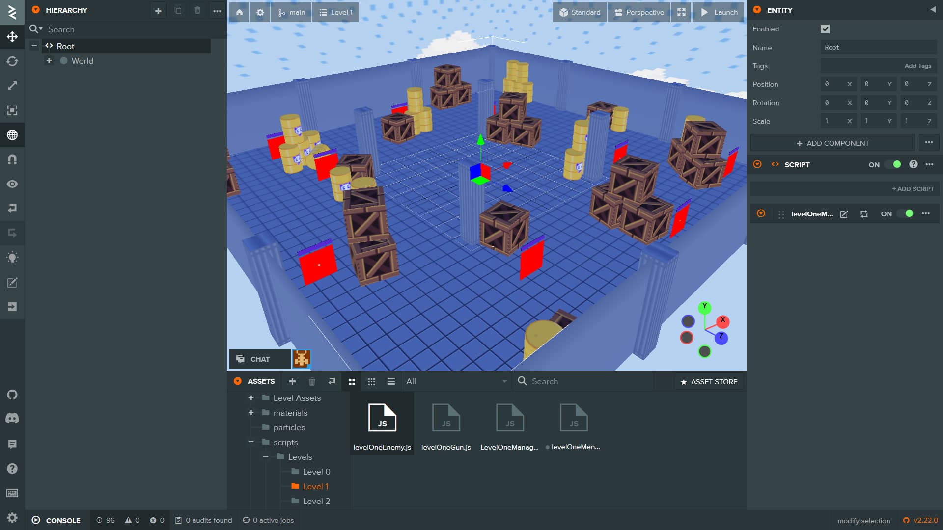 PlayCanvas editor view of the shooting gallery scene. Enemies are positioned across the blue grid arena.