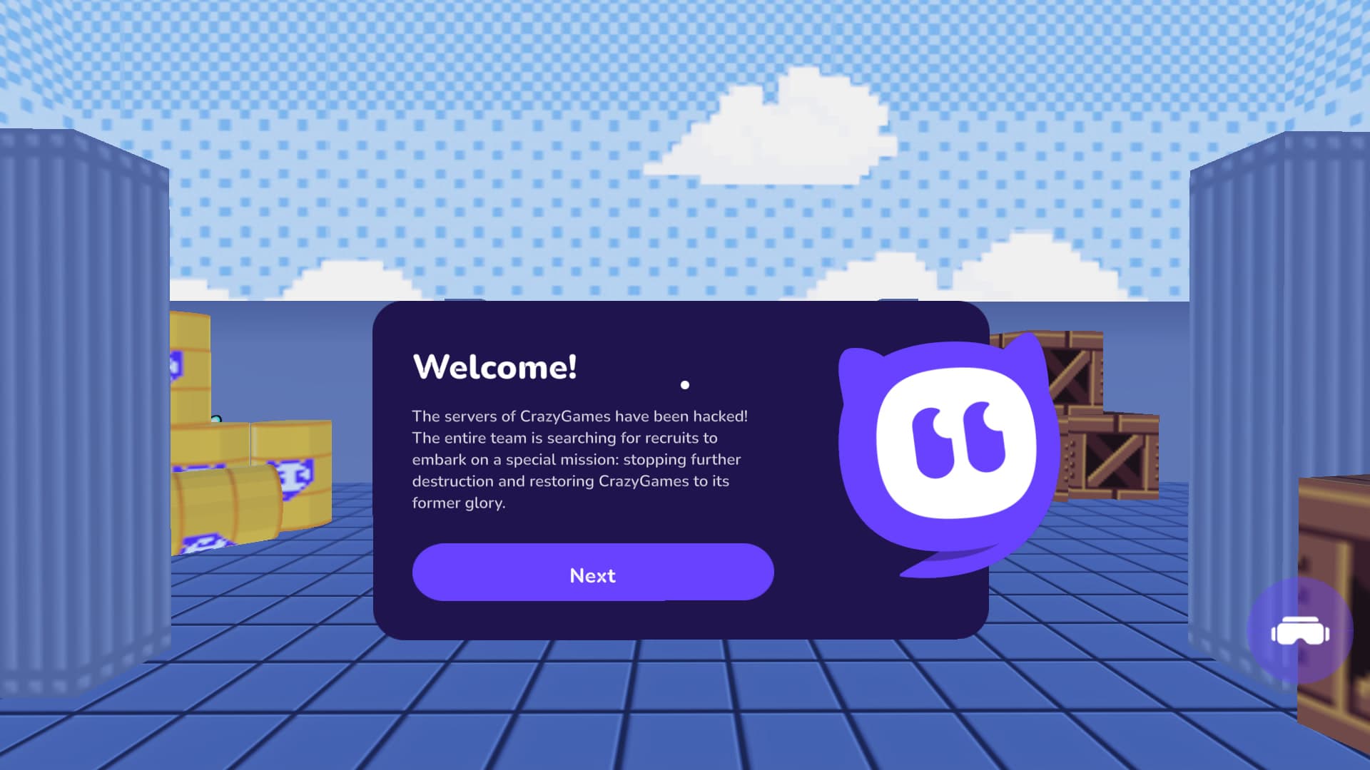 The welcome screen sets up the story: CrazyGames servers have been hacked and the player is recruited to stop the damage.