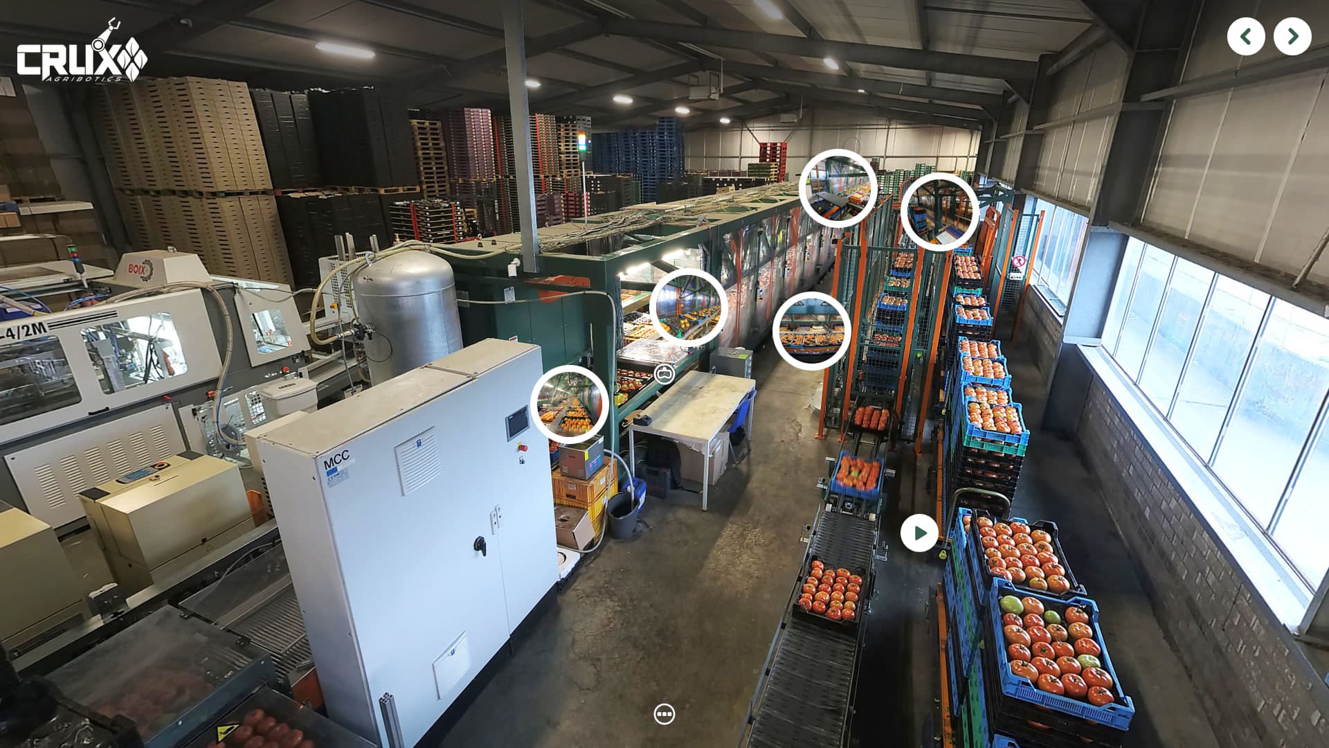 Overview of the sorting facility floor with navigation hotspots visible across the machine and conveyor lines