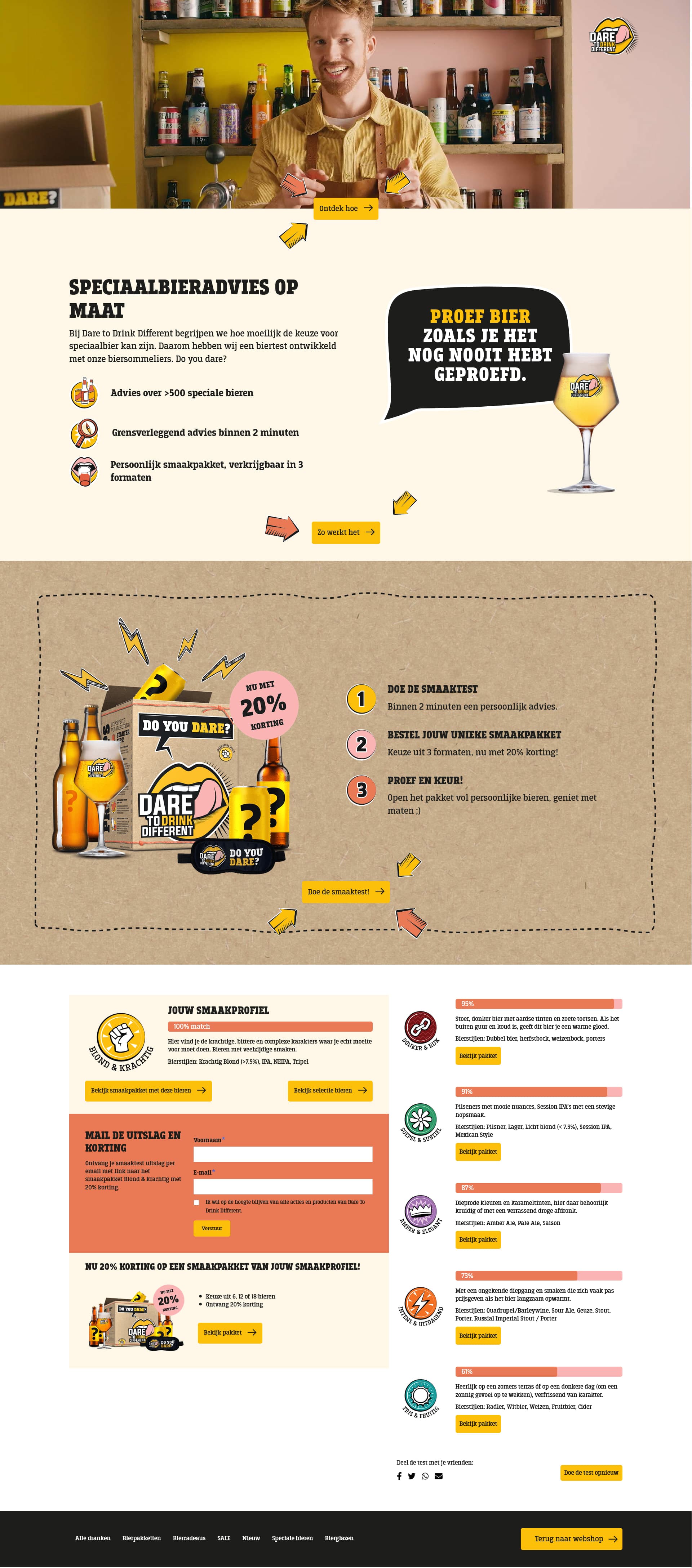 The full page after finishing the test: your taste profile with match percentages, the signup form that carries the result into SAP, and the matching beer package with the discount applied.