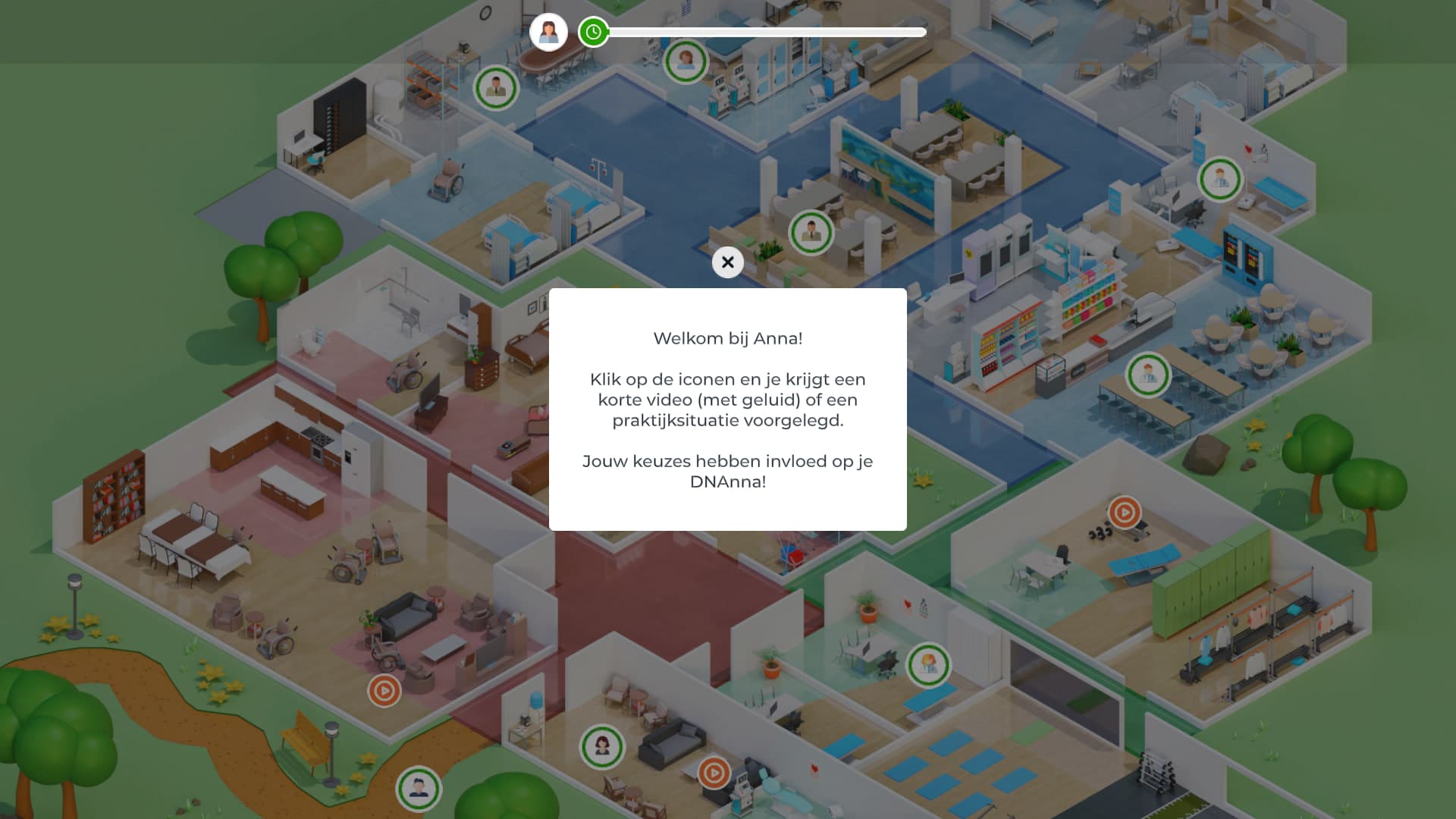 The isometric facility map on first load, with the welcome dialog introducing the game.