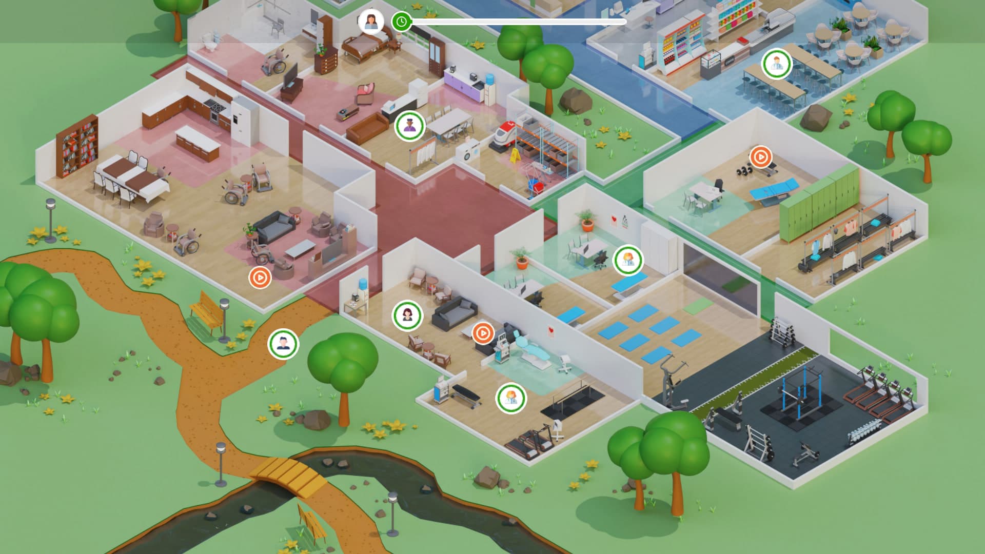 The full facility overview. Avatar icons pop up at department hotspots to signal active situations.