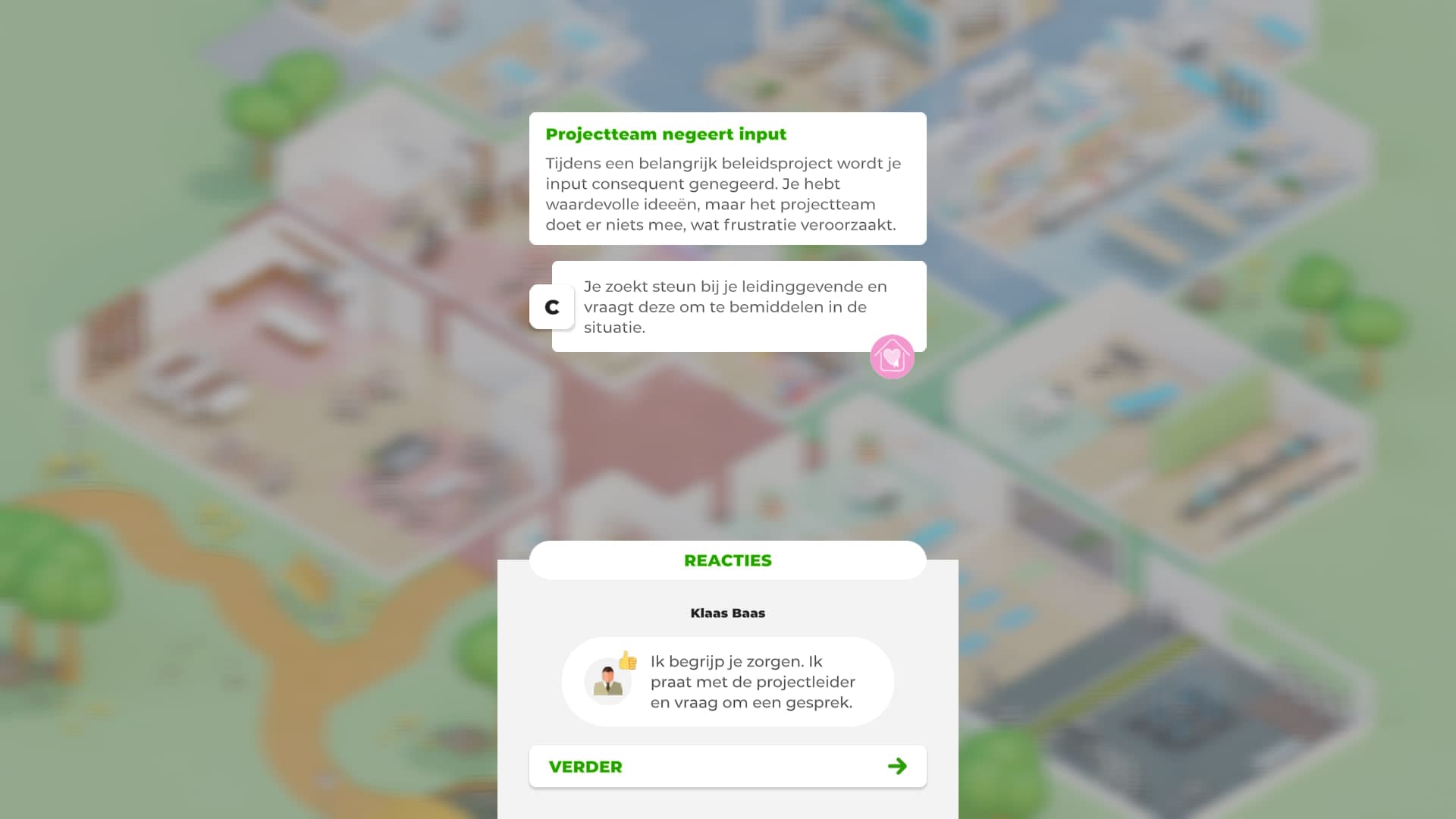 The reaction screen after making a choice. NPCs respond with emotion icons and a point distribution across the three values.