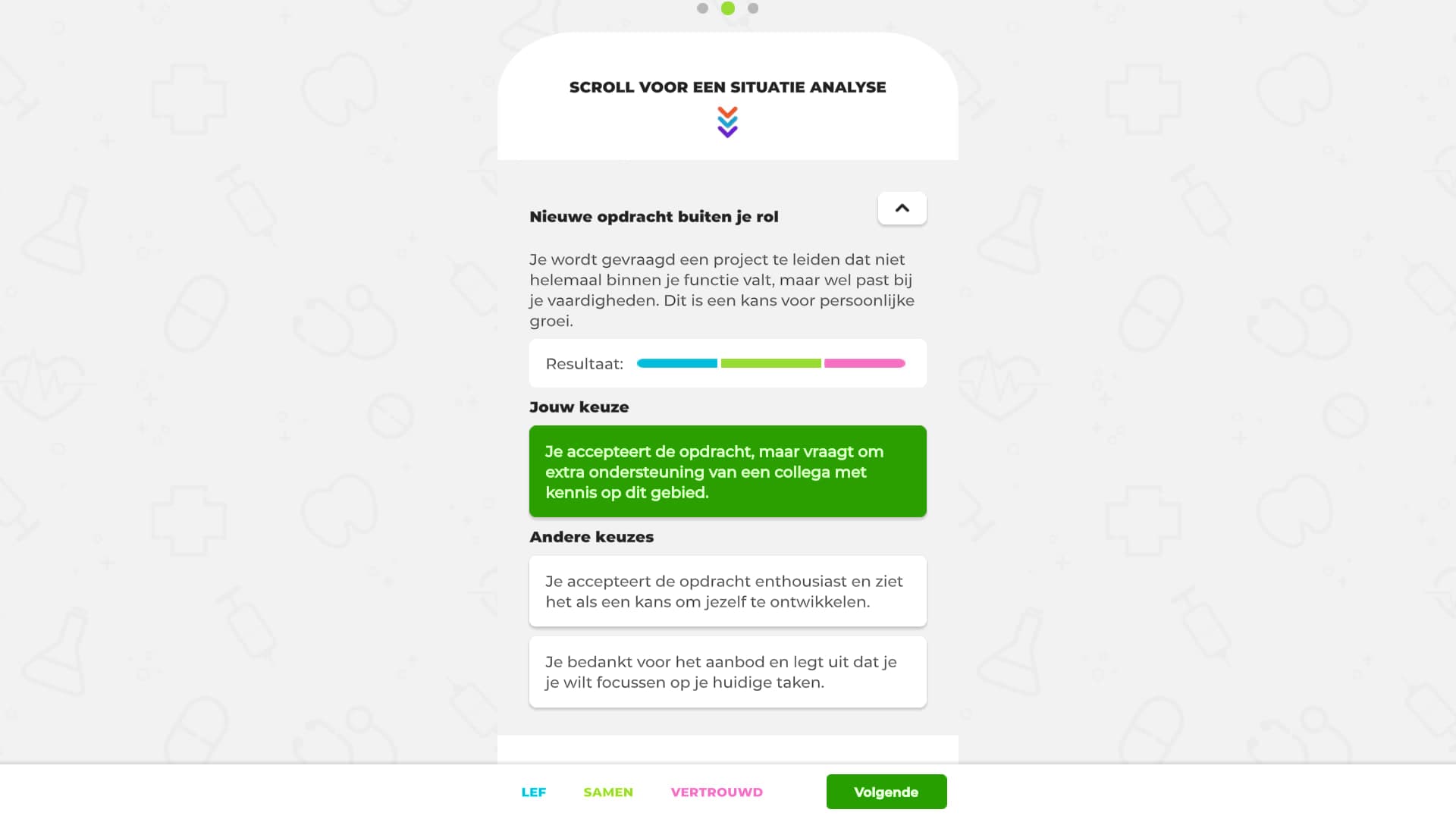 The situation review screen. Players can scroll through every choice they made, see what they picked, and expand the alternatives to compare scores.