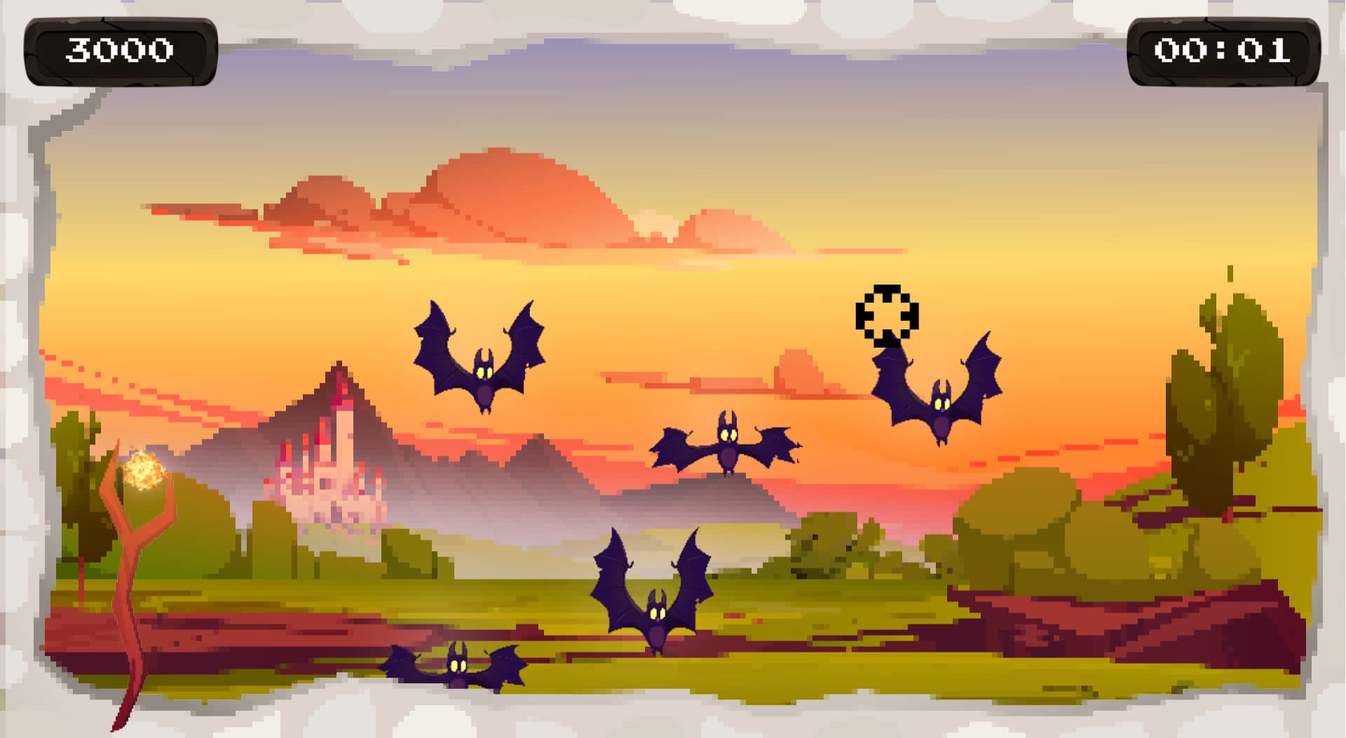An early wave in the game's default pixel-art theme: bats swoop across a sunset landscape while the player aims the crosshair. Students replace all of this art with their own. Score top left, timer top right.