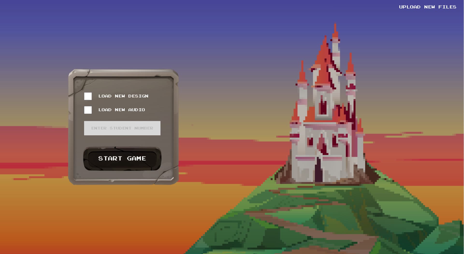 The login screen. Students enter their student number, tick whether to load their own design and audio, and start the game. The 'upload new files' link in the corner leads to the WordPress upload portal.