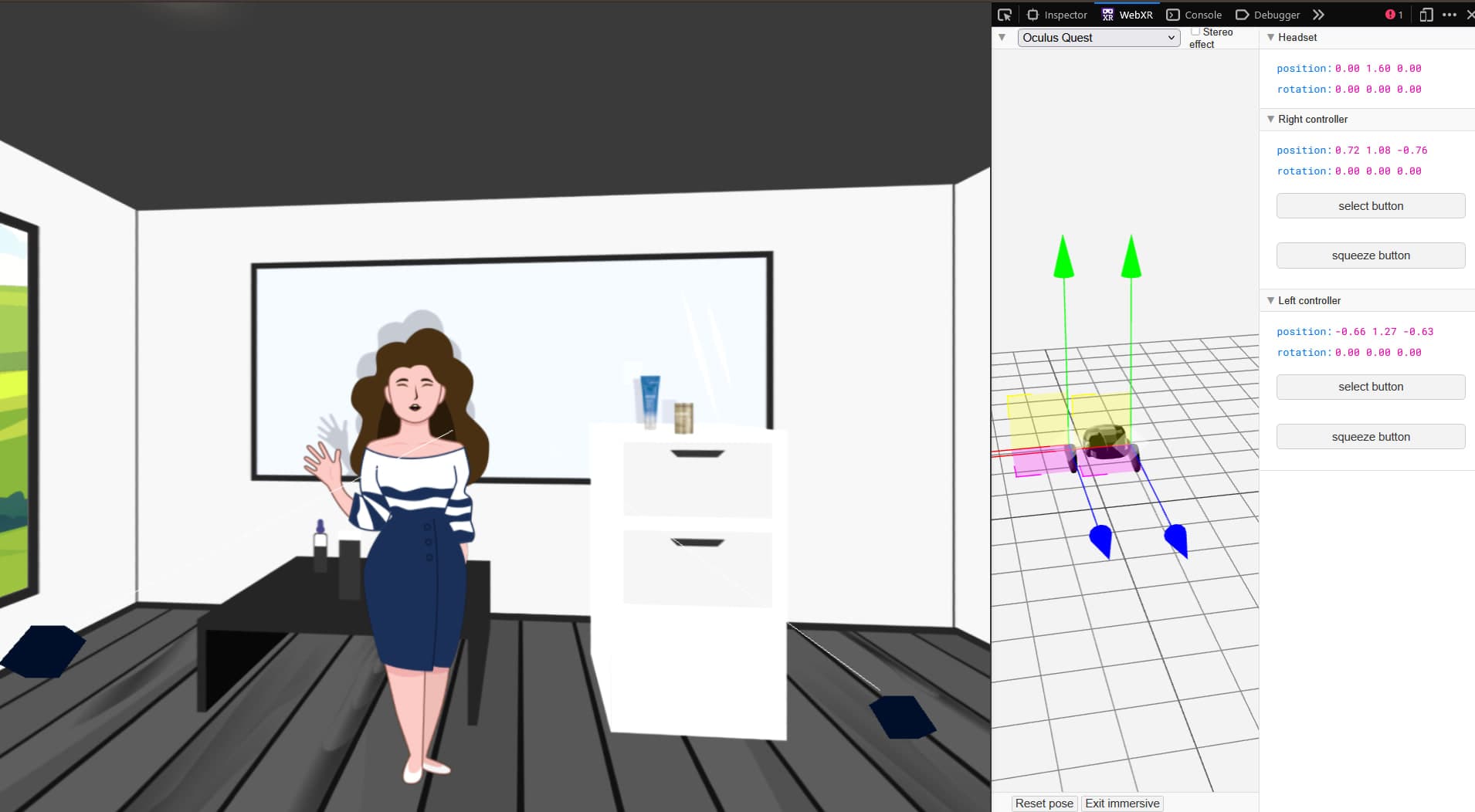 Testing the VR controllers with a WebXR emulator during development. Barbera greets the player in the illustrated salon, with the emulated Quest controllers tracked in the panel on the right.