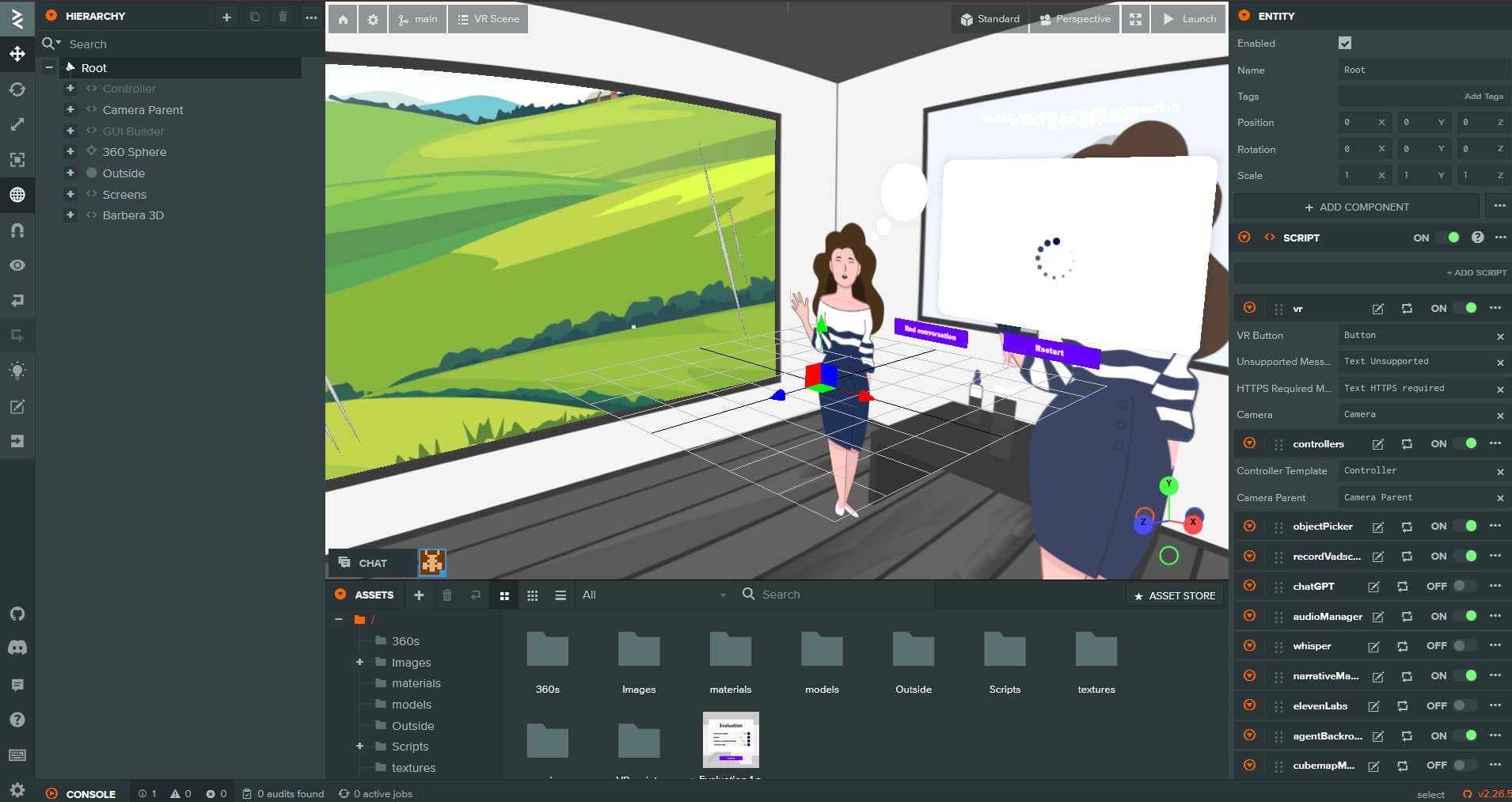 The project in the PlayCanvas editor: the salon scene with Barbera, and the stack of scripts driving the conversation, avatar states, and VR interaction.