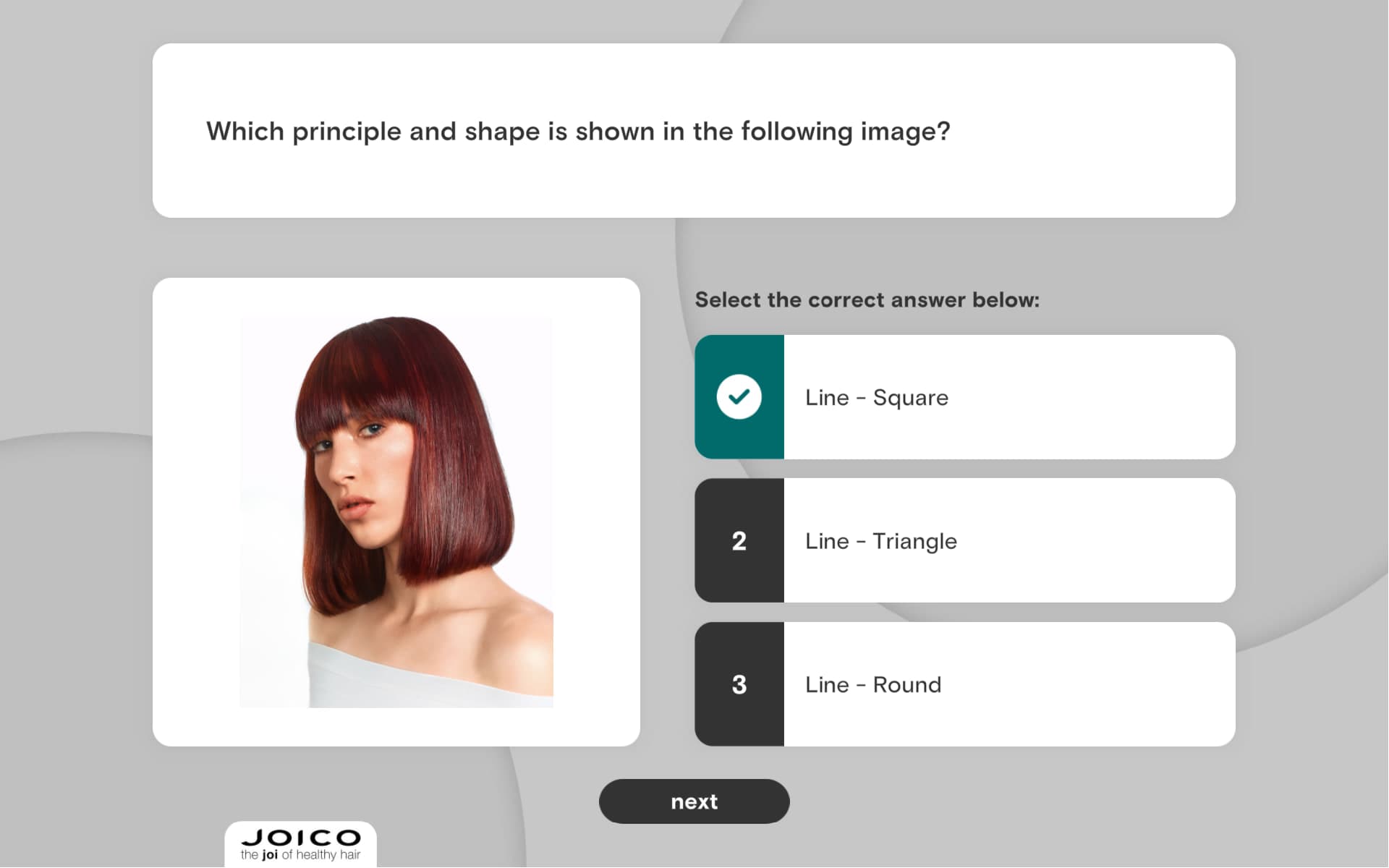 A quiz after a lesson: pick the cutting principle and shape shown in the reference photo.