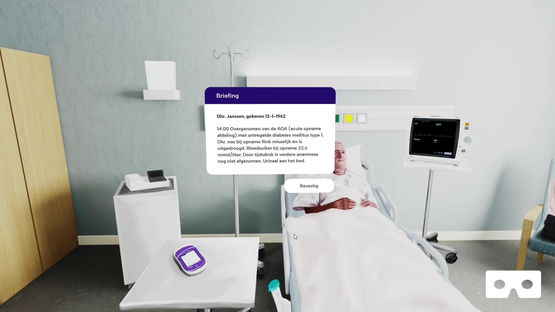 The opening briefing introduces the patient. Dhr. Janssen, 62, was transferred from the acute admissions ward with decompensated Type 1 Diabetes and a blood sugar of 22.6 mmol/L.