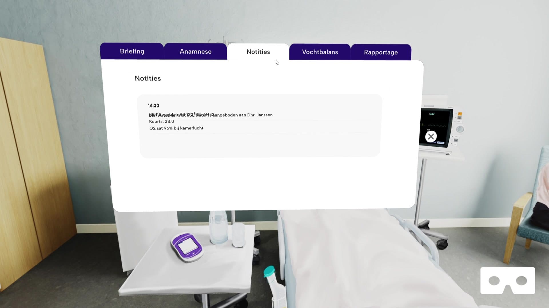 The patient dossier tracks everything collected during the shift. Notes, anamnese results, fluid balance, and the treatment plan are all accessible through a tabbed panel.