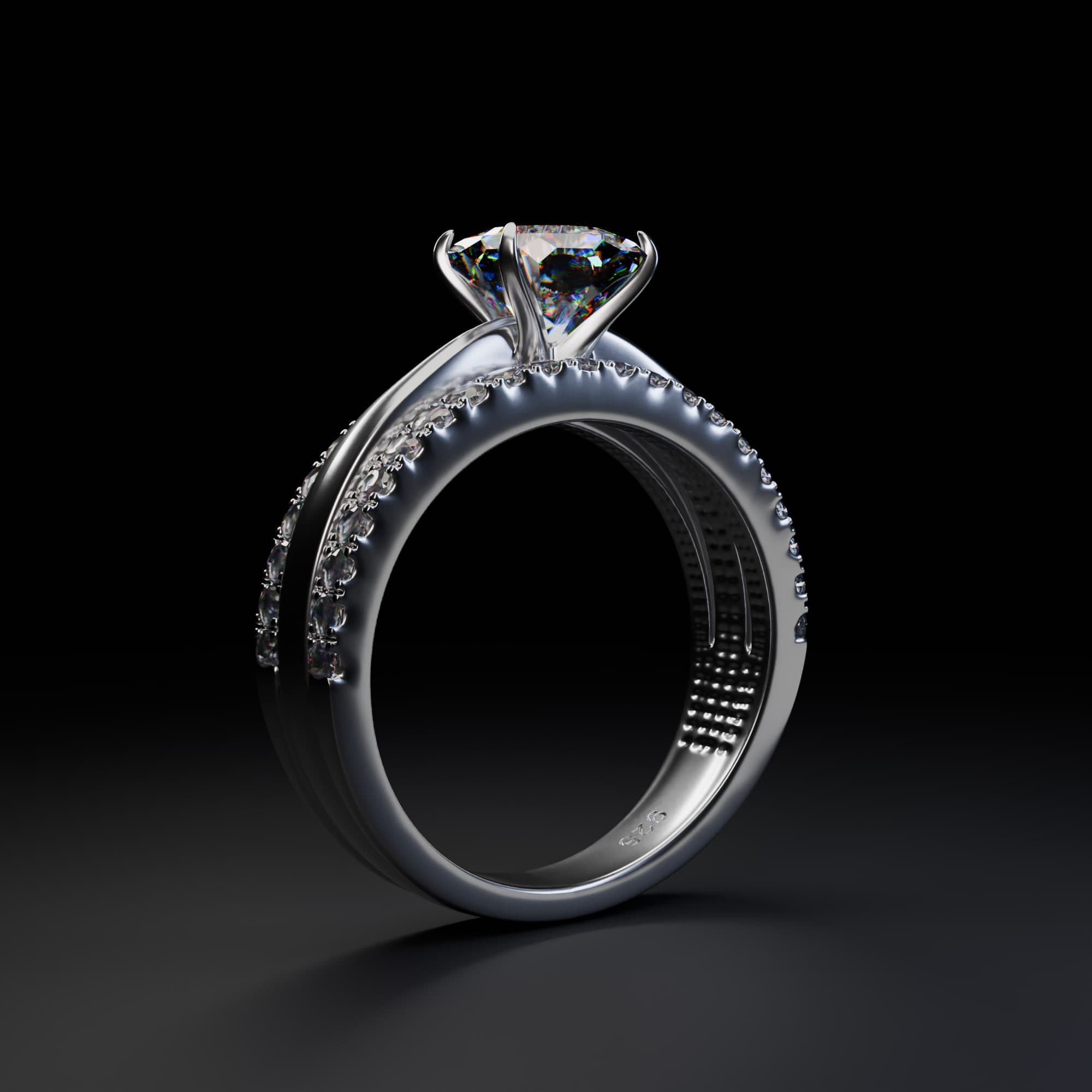 The solitaire ring from the side, showing the brilliant-cut center stone on its double band.