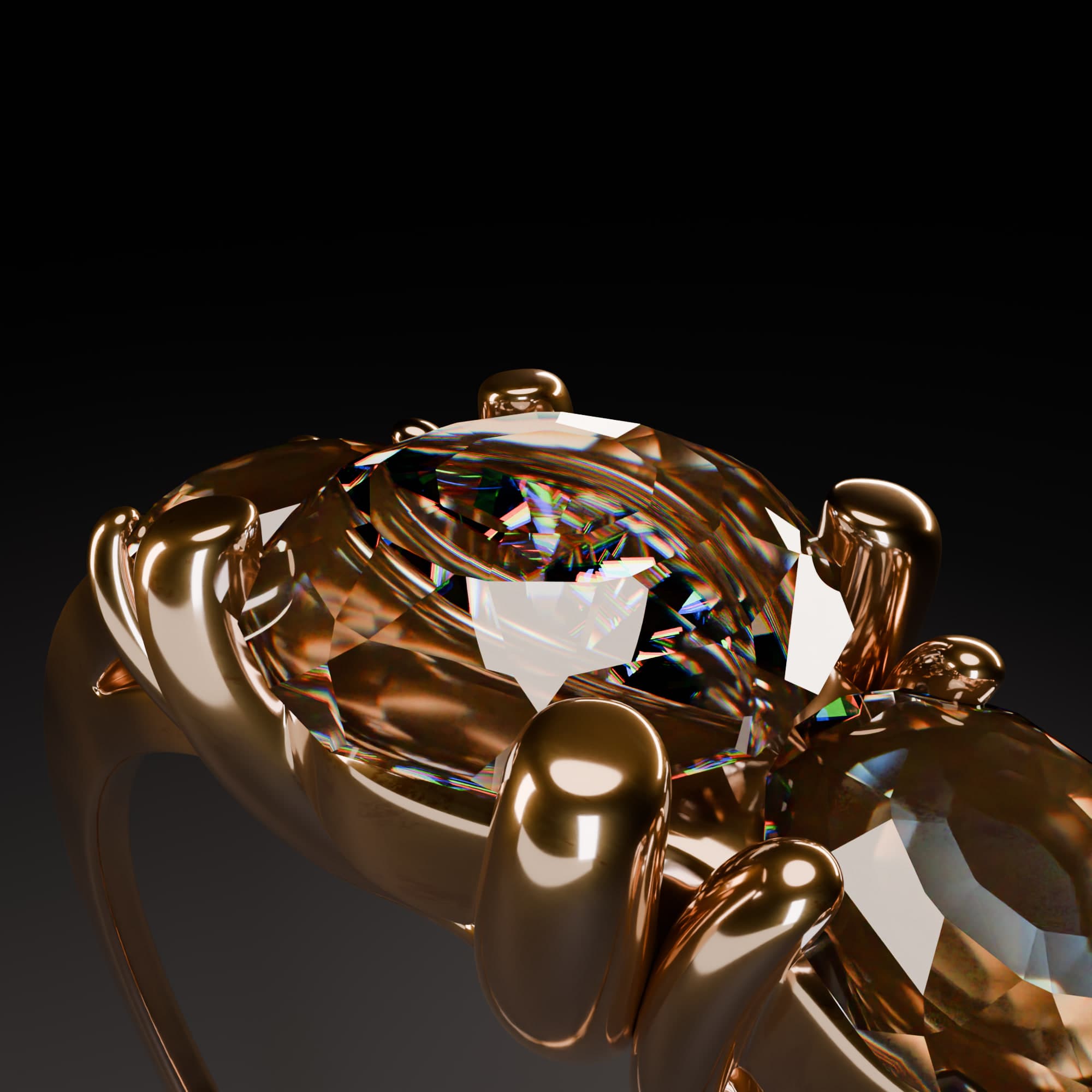 A close-up on the three stones, showing dispersion: the material splits light into rainbow colors the way a real diamond does.