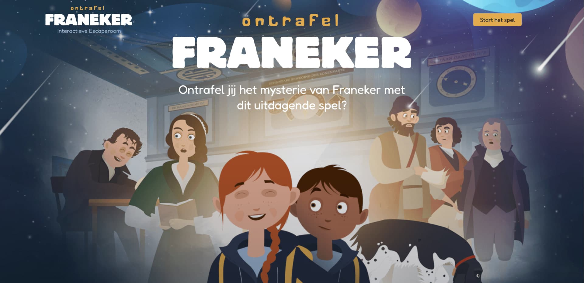 The game's landing page: Sara, Tim, and Boef the dog, framed by historical Franeker figures.