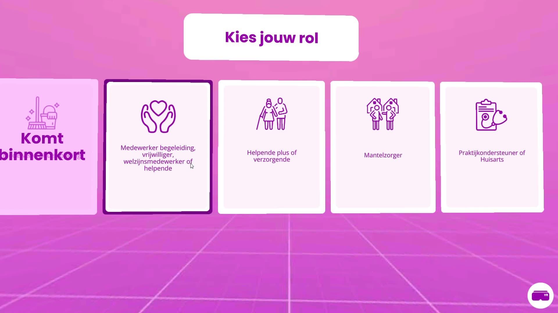 Role selection: Helpende Plus, Mantelzorger, Praktijkondersteuner, or Medewerker begeleiding, each running a different scenario.