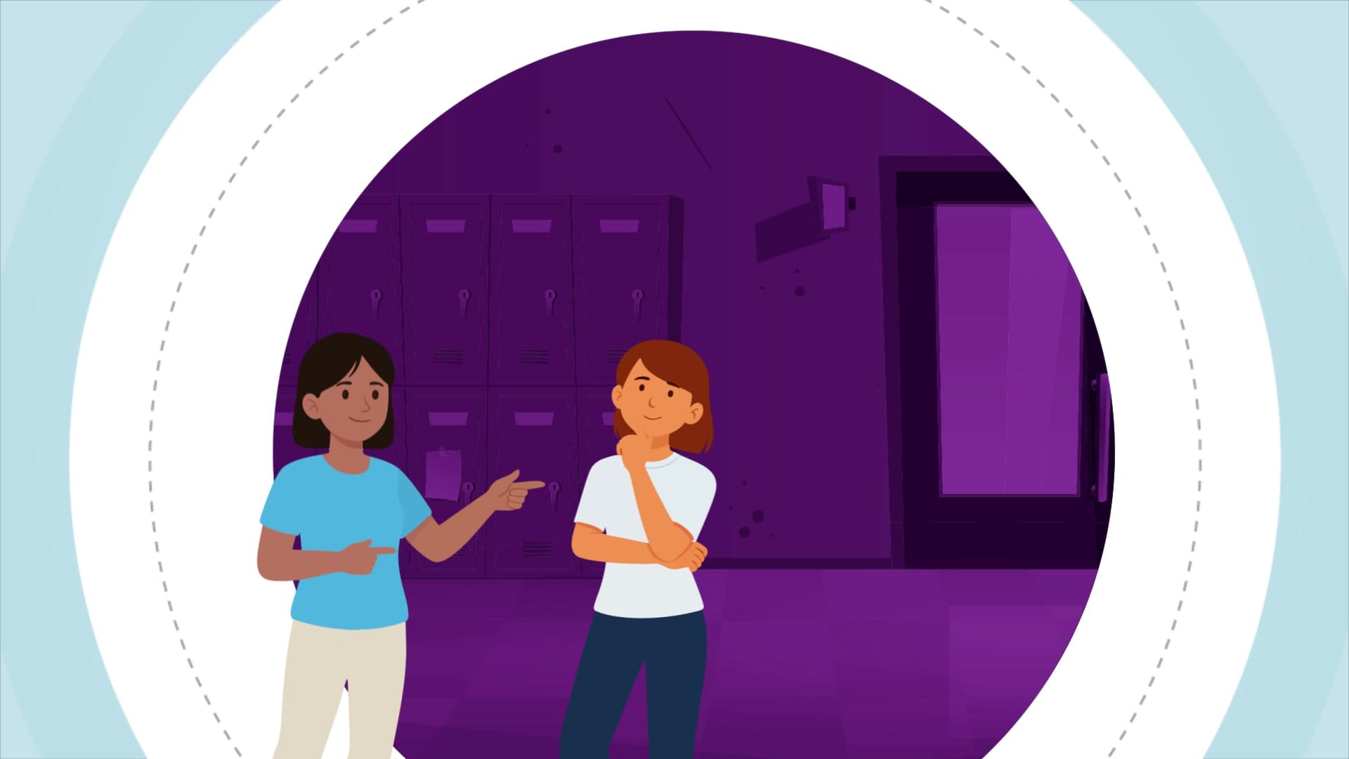 Two students talking in a school hallway, another scene illustrating the guidelines in context.