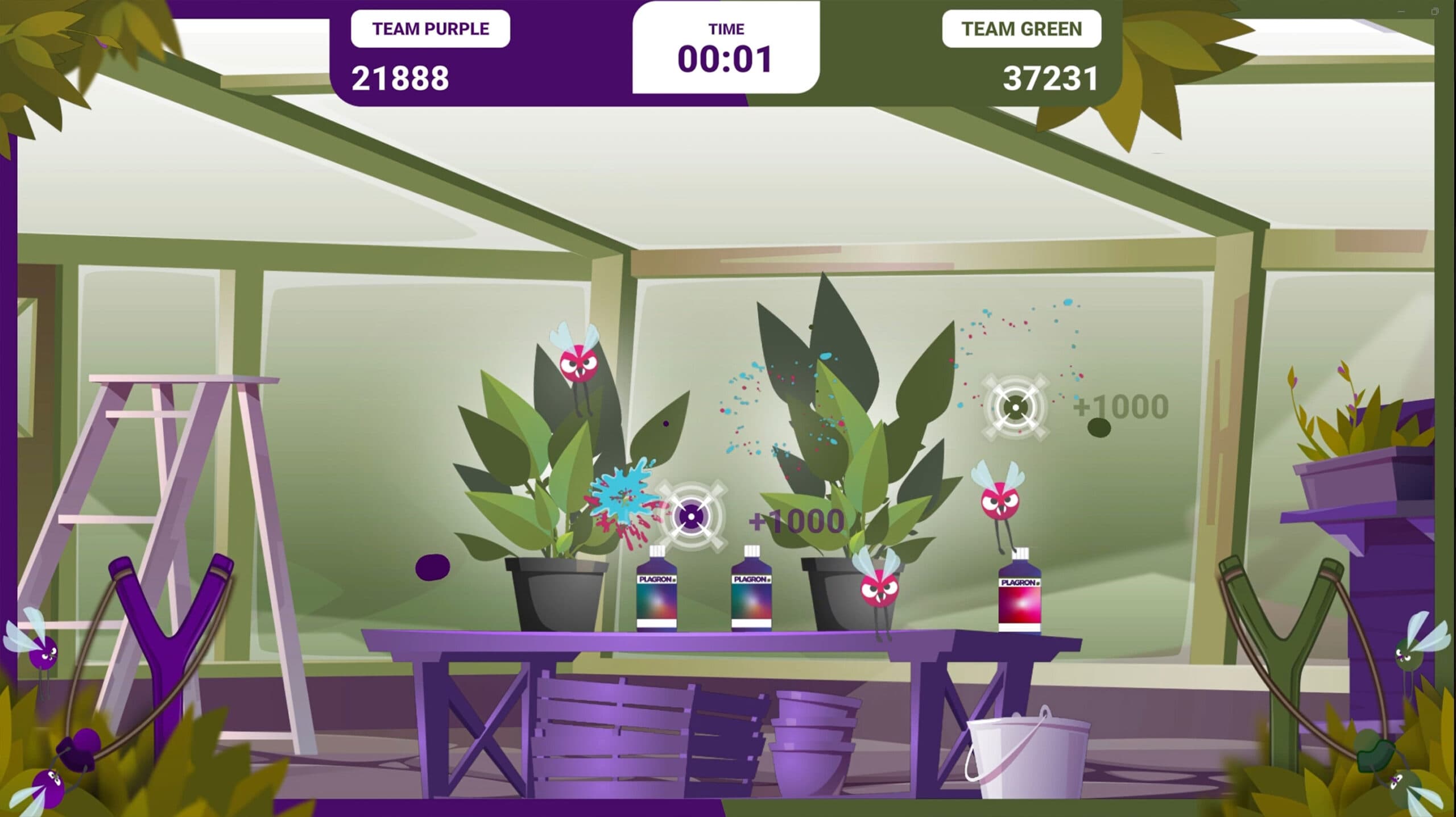In-round gameplay: pests swarm the plants while Plagron product bottles sit in the mix, costing points if hit. Both teams' slingshots and crosshairs are visible on opposite edges of the screen.
