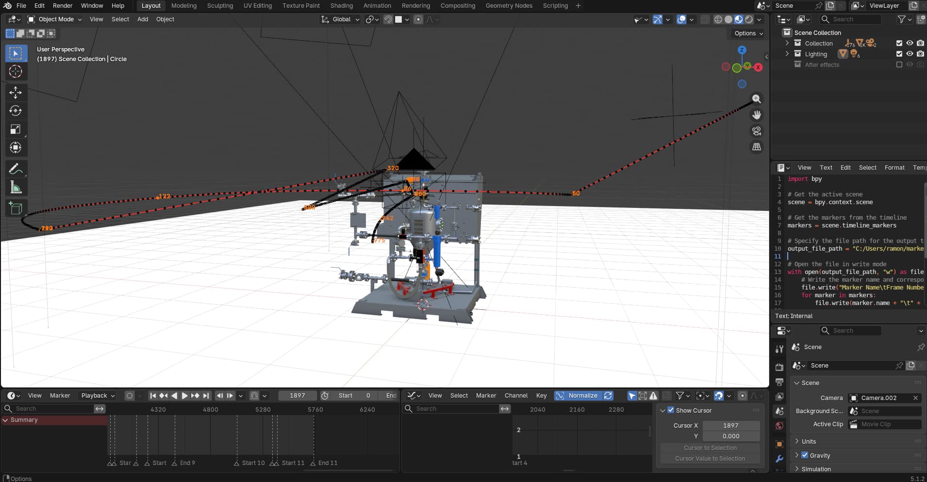 Behind the scenes in Blender: the camera path for one step, alongside a small Python script written to export the scene's timeline markers, part of the tooling used to split the render into per-step clips automatically.