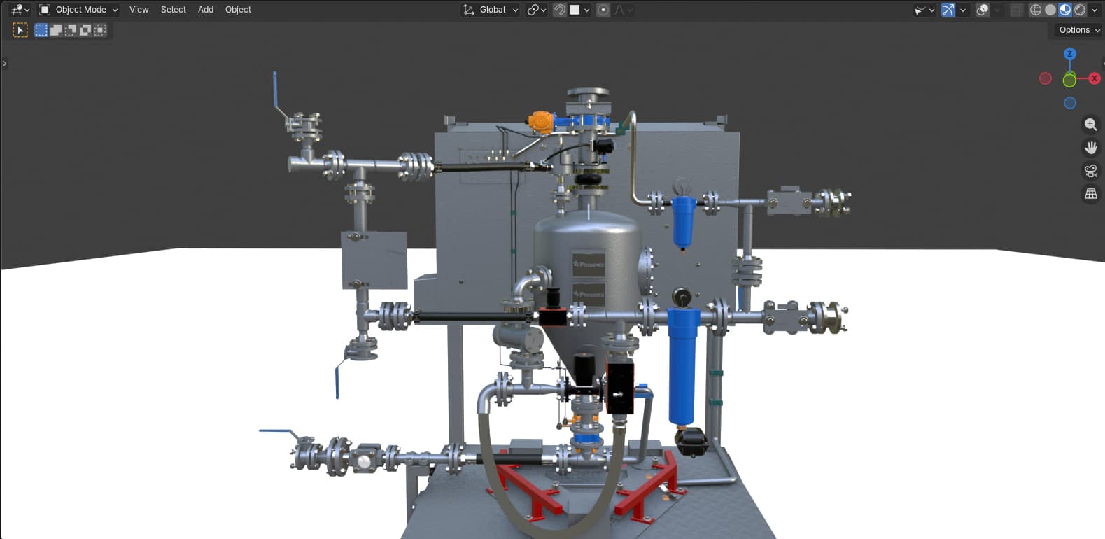 Blender viewport of the Pneumix loader unit, rebuilt to match the client's CAD geometry with all materials shaded from scratch.