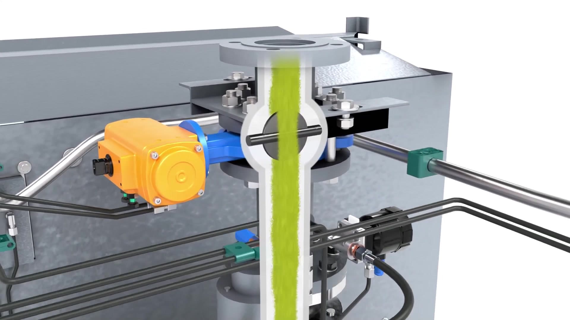 A highlighted flow path through an inlet valve, the pneumatic actuator in orange alongside it. The green column is the material being dosed.