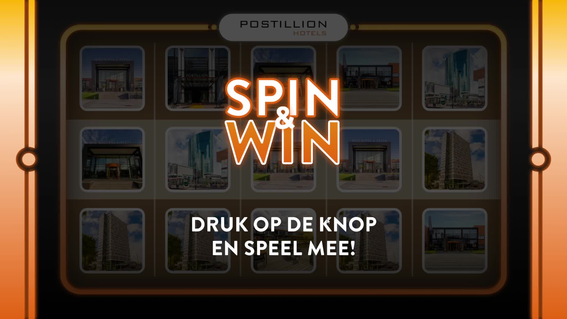 Start screen. The machine idles with the 'Spin & Win' title and a prompt to press the button. The reel icons pulse gently in the background.