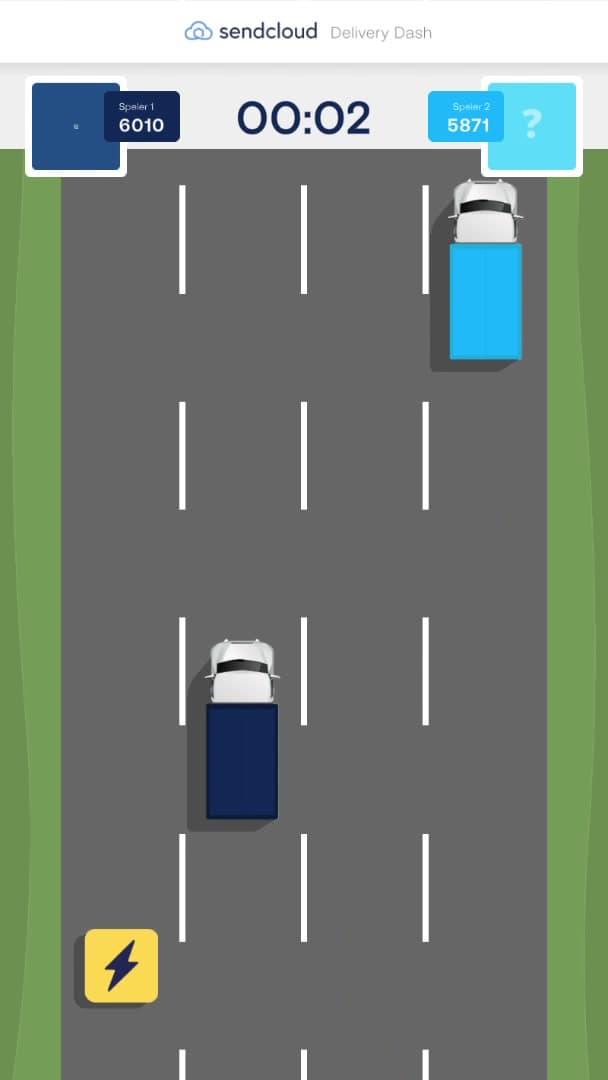 The final seconds: both players have the boost powerup ready and a pickup is sitting right next to Player 2's truck. Scores are close at 5888 vs 5578 with five seconds left.
