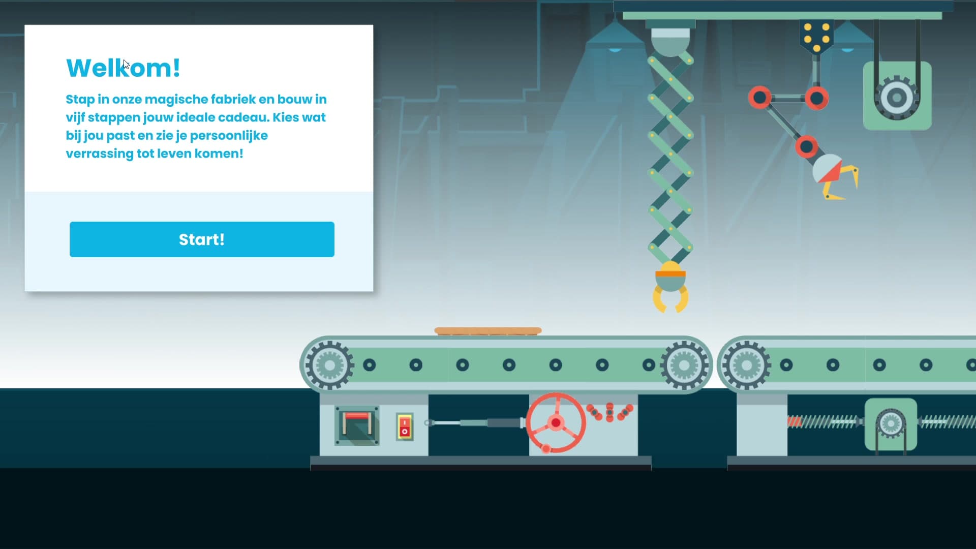 The welcome screen. A panel explains the five-step quiz and offers a Start button. The factory machine idles in the background with its conveyor belt, robotic arm, and animated decorative elements.