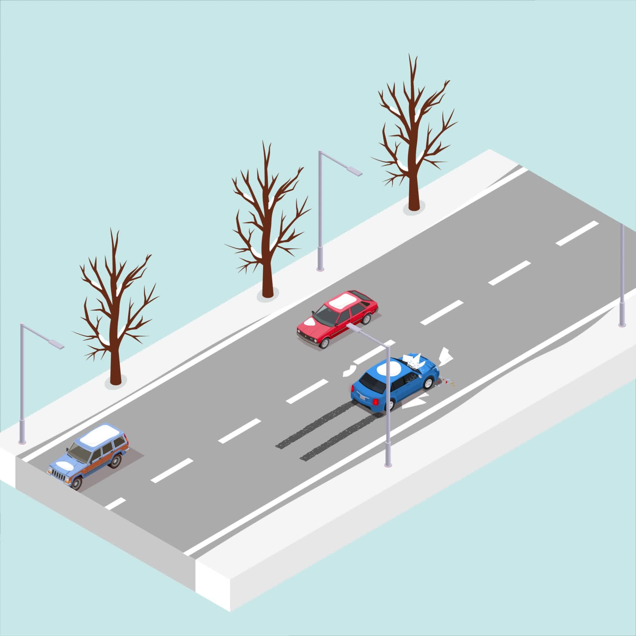 A winter-weather variant of one of the scenarios, showing the same crash consequence in icy conditions.