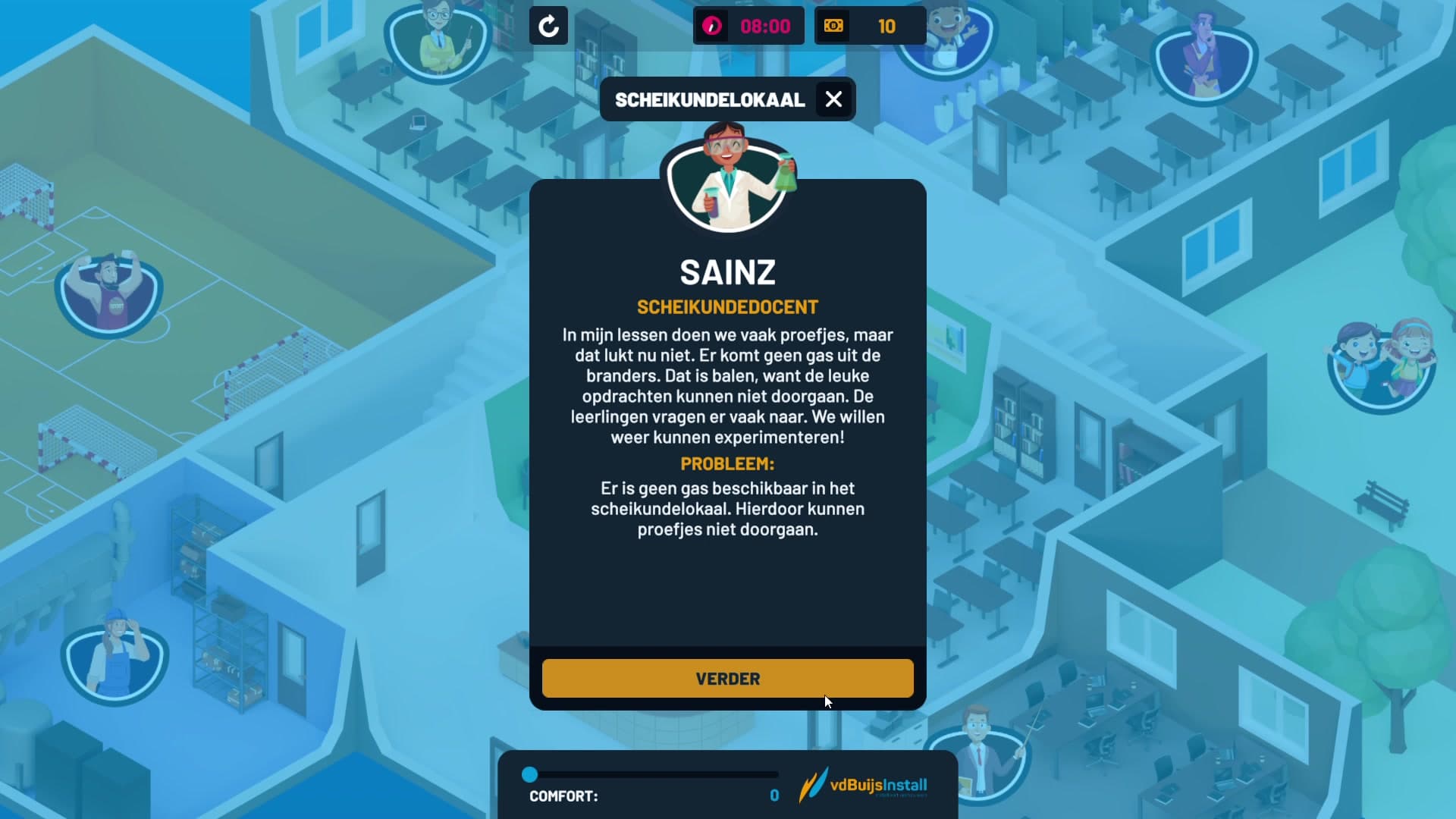 A problem intro. The chemistry teacher explains that the gas has stopped working, blocking practical lessons. The isometric school map is visible behind the dialogue, with attention icons marking every NPC with an open issue.