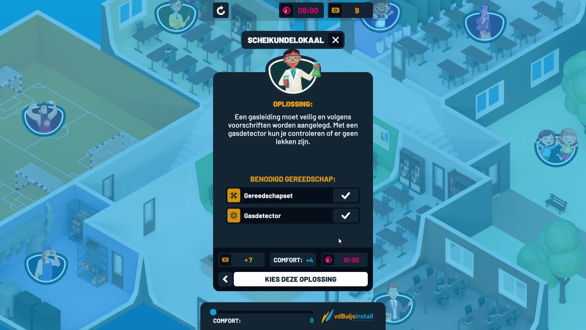 Solution detail for the gas fix, listing the required tools. Both the tool set and the gas detector are already owned, shown by the checkmarks, so the confirm button is active.