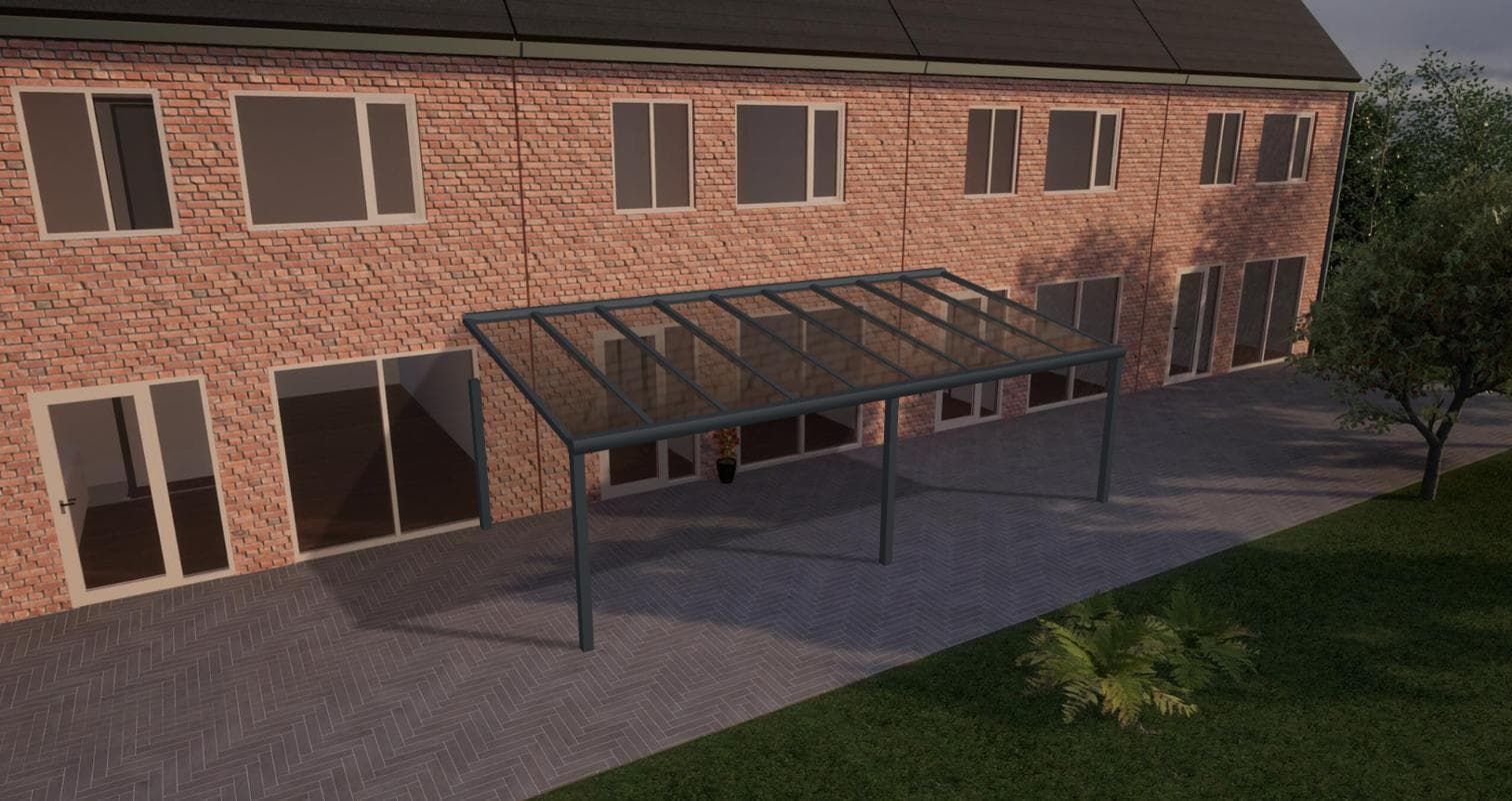 An anthracite frame with a tinted glass roof and a glazed side wall panel added on the left.