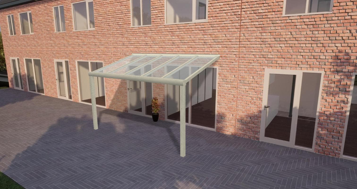 The smallest possible size, 4.5x2.5m, in a cream frame with a clear polycarbonate roof.