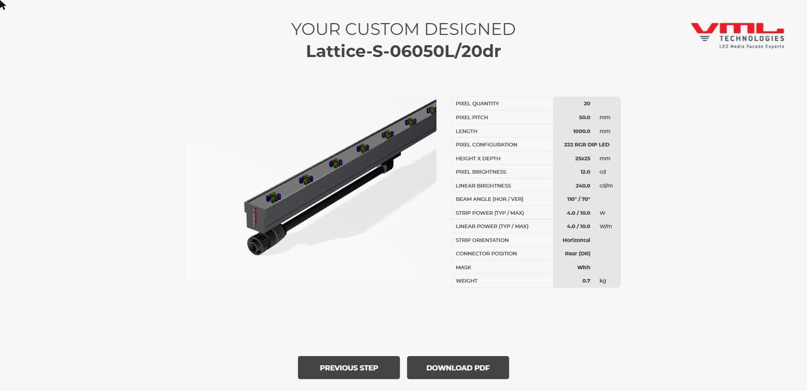 The finished configuration: a live 3D render of the exact strip built to spec, its model number, the full spec table, and a button to download the matching PDF datasheet.