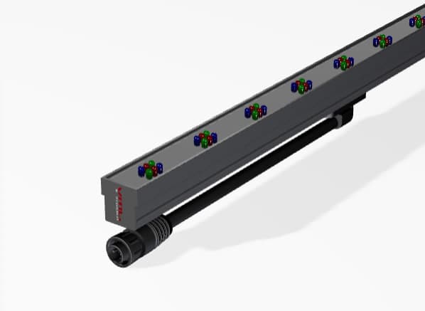 Close-up of the rendered strip, showing the modeled LEDs, extrusion profile, and rear connector.