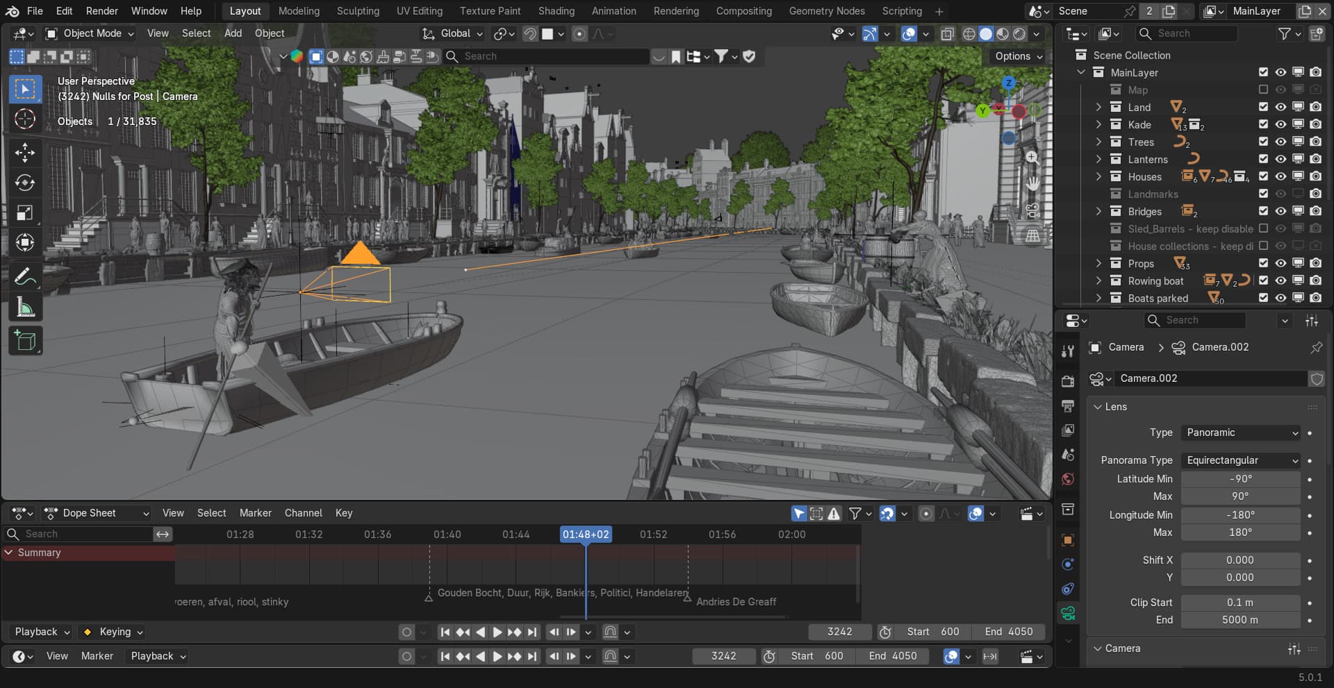 Working in Blender on the canal street scene, with the 360 camera and animation timeline set up along the water.