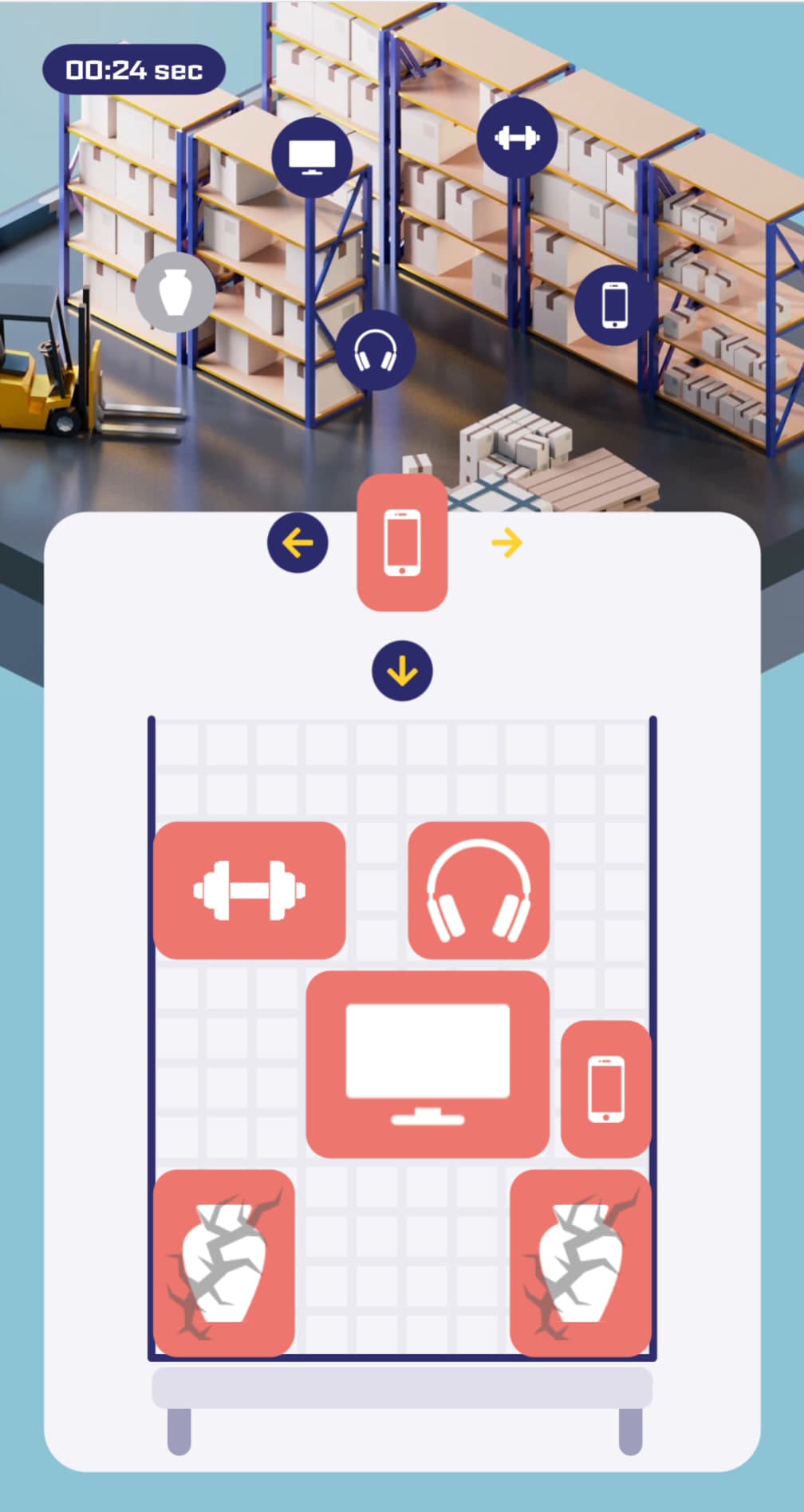 The Orderpicker game: stack products into the cart Tetris-style, without piling too much on the fragile ones.